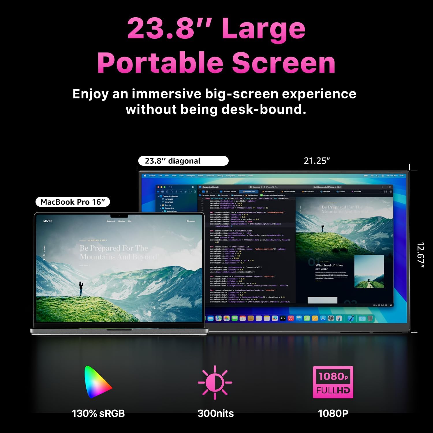 cocopar Portable Monitor IPS Travel Monitor with USB-C HDMI Portable Screen for Laptop MacBook Surface PC PS4/5 External Display with Kickstand, VESA Mountable, 23.8 Inch