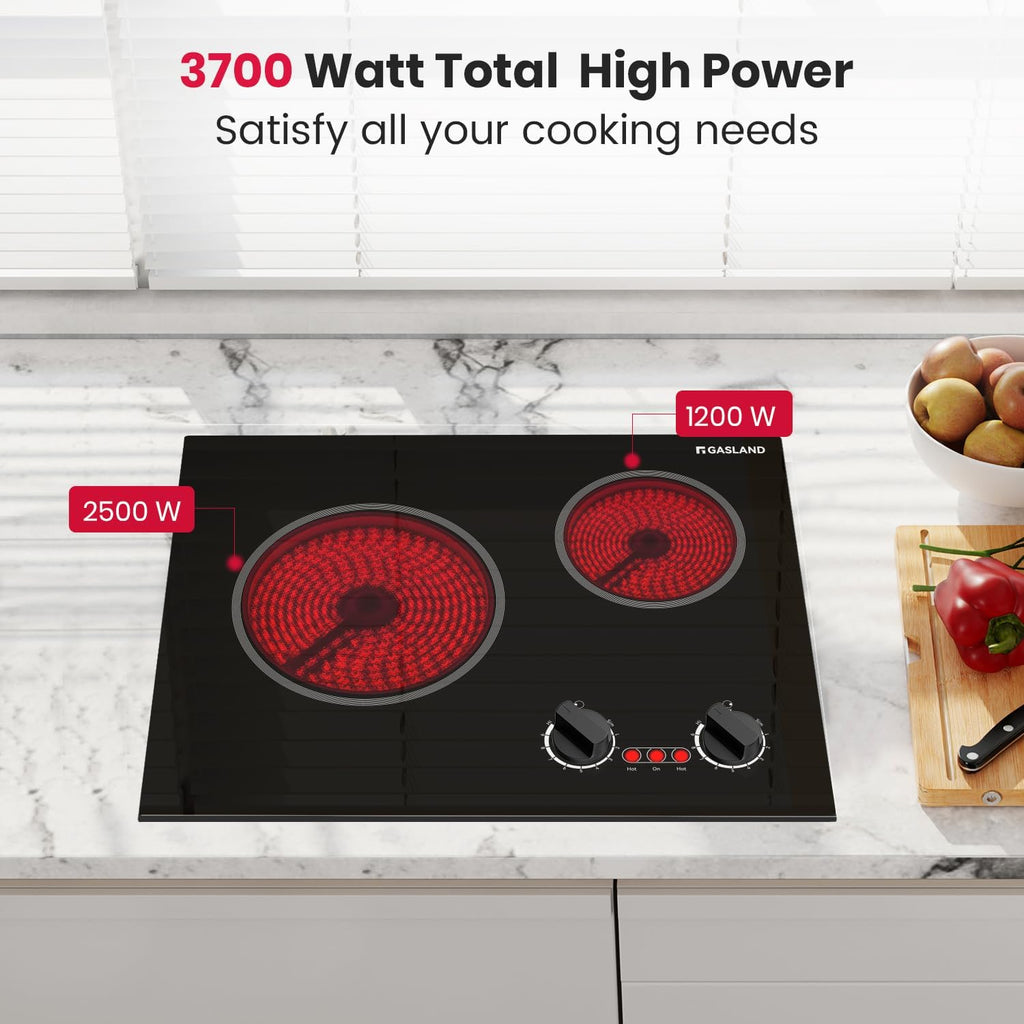 GASLAND 21 Inch Electric Cooktop 2 Burners, Built in Radiant Glass Stove Top for Apartment, UL Certified, 3700W Ceramic Electric Stovetop, 9 Heating Levels, Knobs Control, Instant Heating Up, 220V