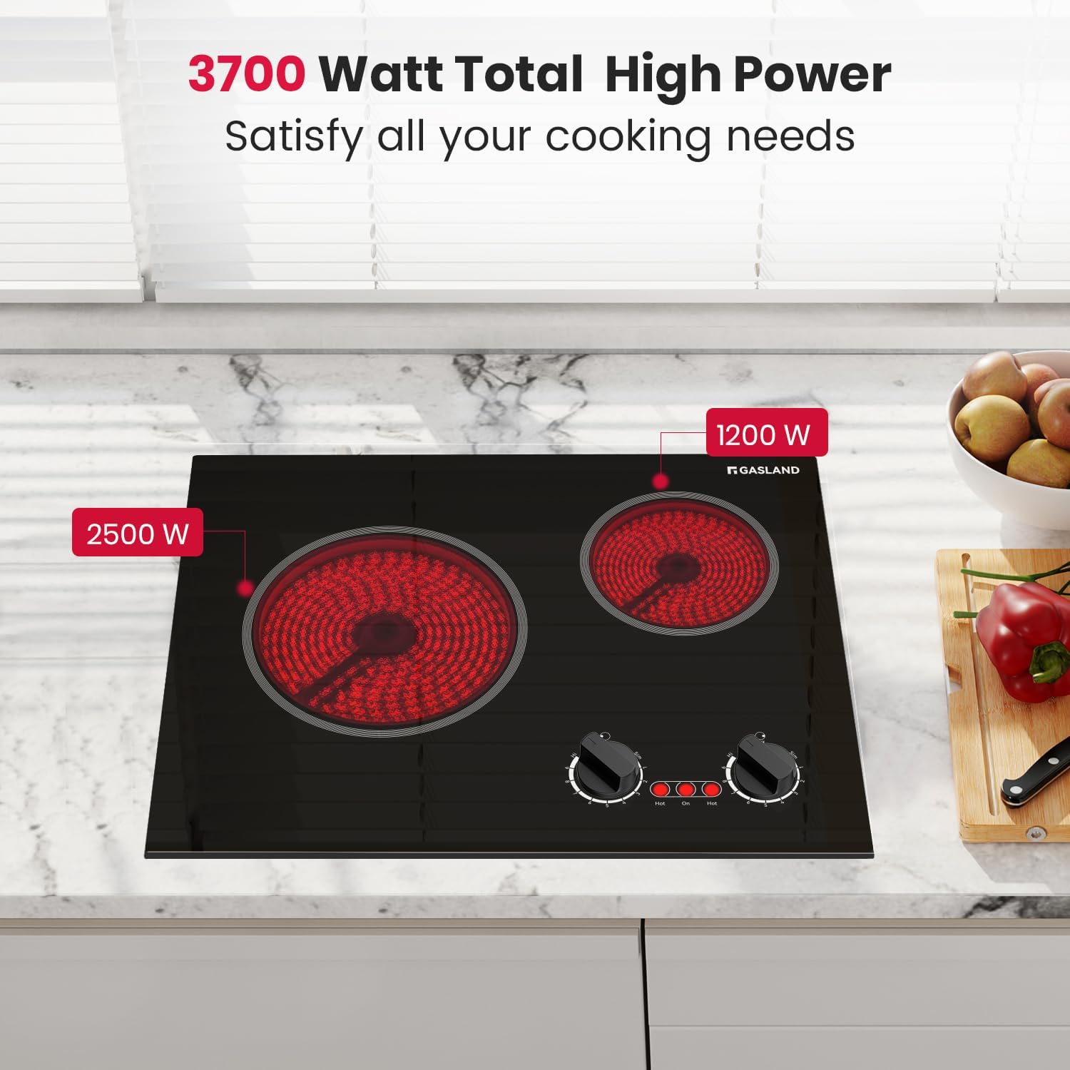 GASLAND 21 Inch Electric Cooktop 2 Burners, Built in Radiant Glass Stove Top for Apartment, UL Certified, 3700W Ceramic Electric Stovetop, 9 Heating Levels, Knobs Control, Instant Heating Up, 220V