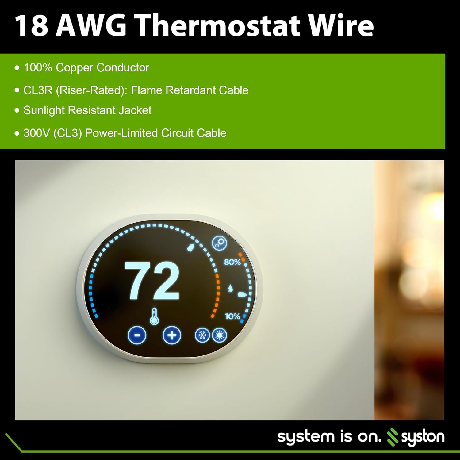 Syston 18/6 Thermostat Doorbell HVAC Heating Control Cable Wire, 100% Solid Copper Conductors CL3R/FT4/CMR Riser-Rated UL/ETL Listed, UV Resistant RoHS for Indoor/Outdoor Low Voltage Applications Use