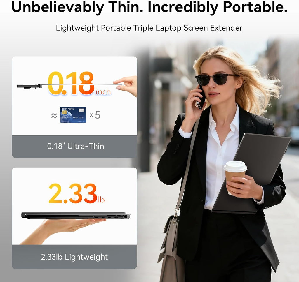BOSII Laptop Screen Extender One Cable - Triple 14' Ultra Thin IPS FHD 1080P Portable Monitor for 13.3'-17' Laptops Compatible with Windows Mac Travel Work