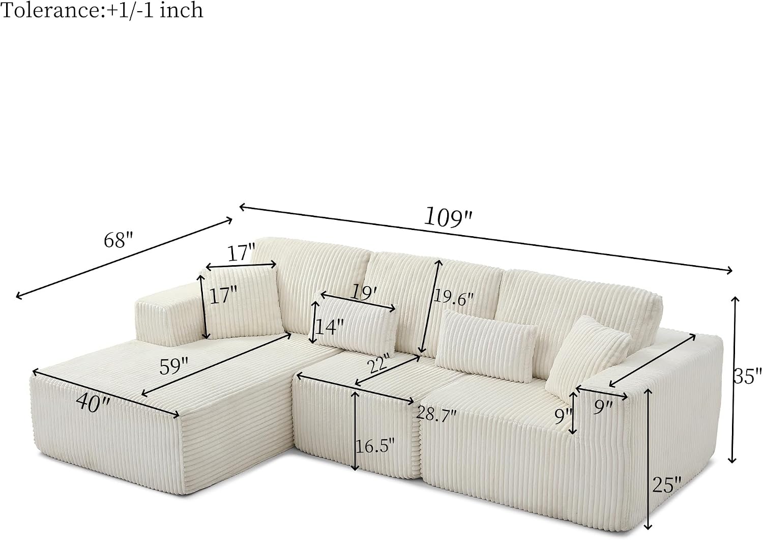 Modular Sectional Sofa Couches, 109' L-Shaped Cloud Boneless Couch with Right Chaise Lounge & Deep Seat for Living Room | No Assembly Required | Corduroy Fabric, White