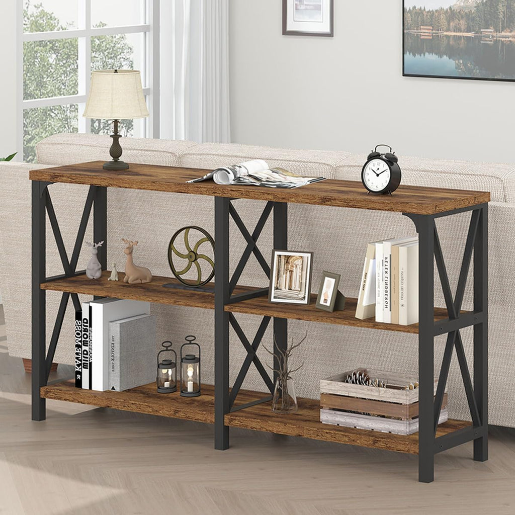 LVB Wood Console Table, Rustic 3 Tier Sofa Table Behind Couch, Industrial Metal Entryway Table with Storage Shelf, Farmhouse Wooden Foyer Hallway Table for Entry Living Room, Rustic Brown, 55 Inch