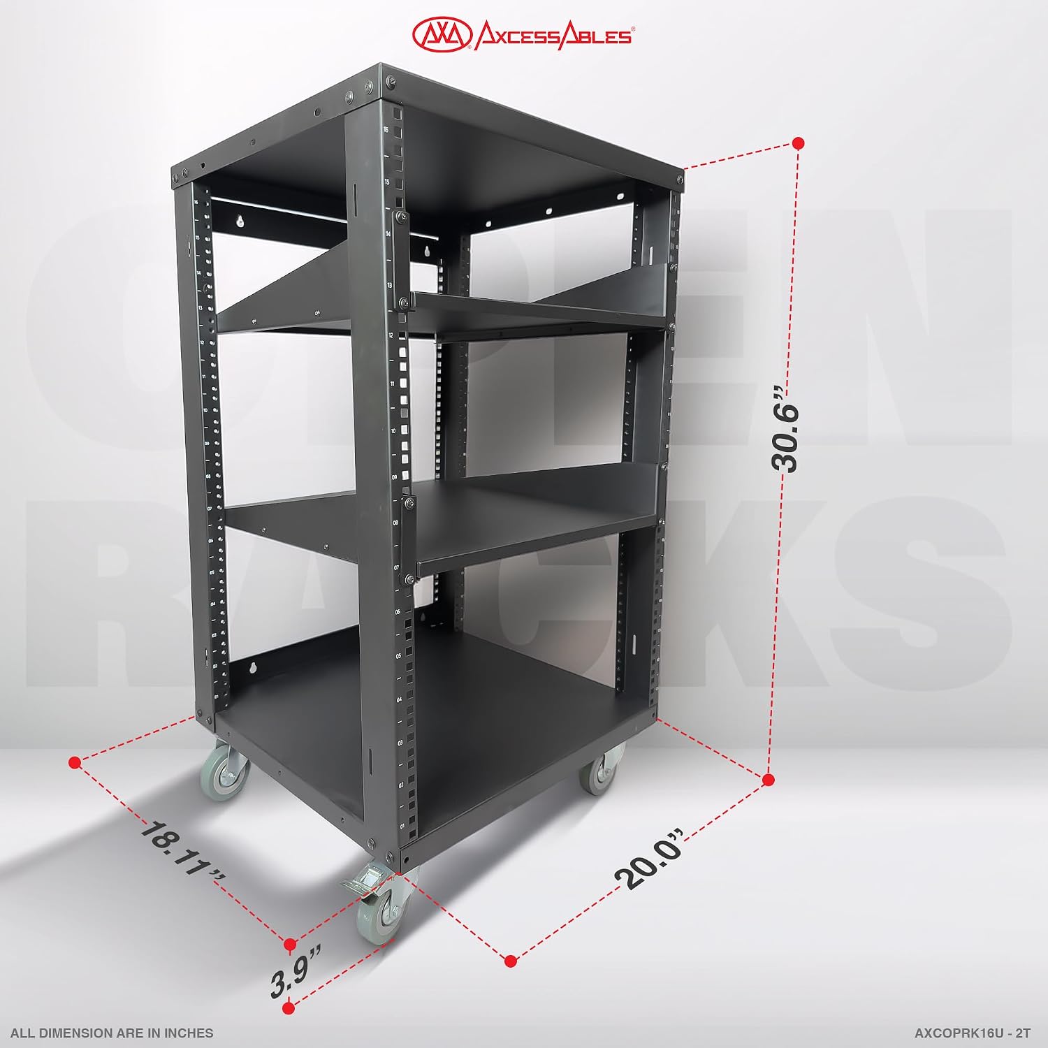 AxcessAbles 16U Open Frame Network & AV Rack with Caster Wheels, Two 2U Shelves, 10-32 & Cage Nut Compatible Rails, Cage Nuts, Screws, Cage Nut Tool & Wall Mount Kit | 19-Inch Equipment Rack