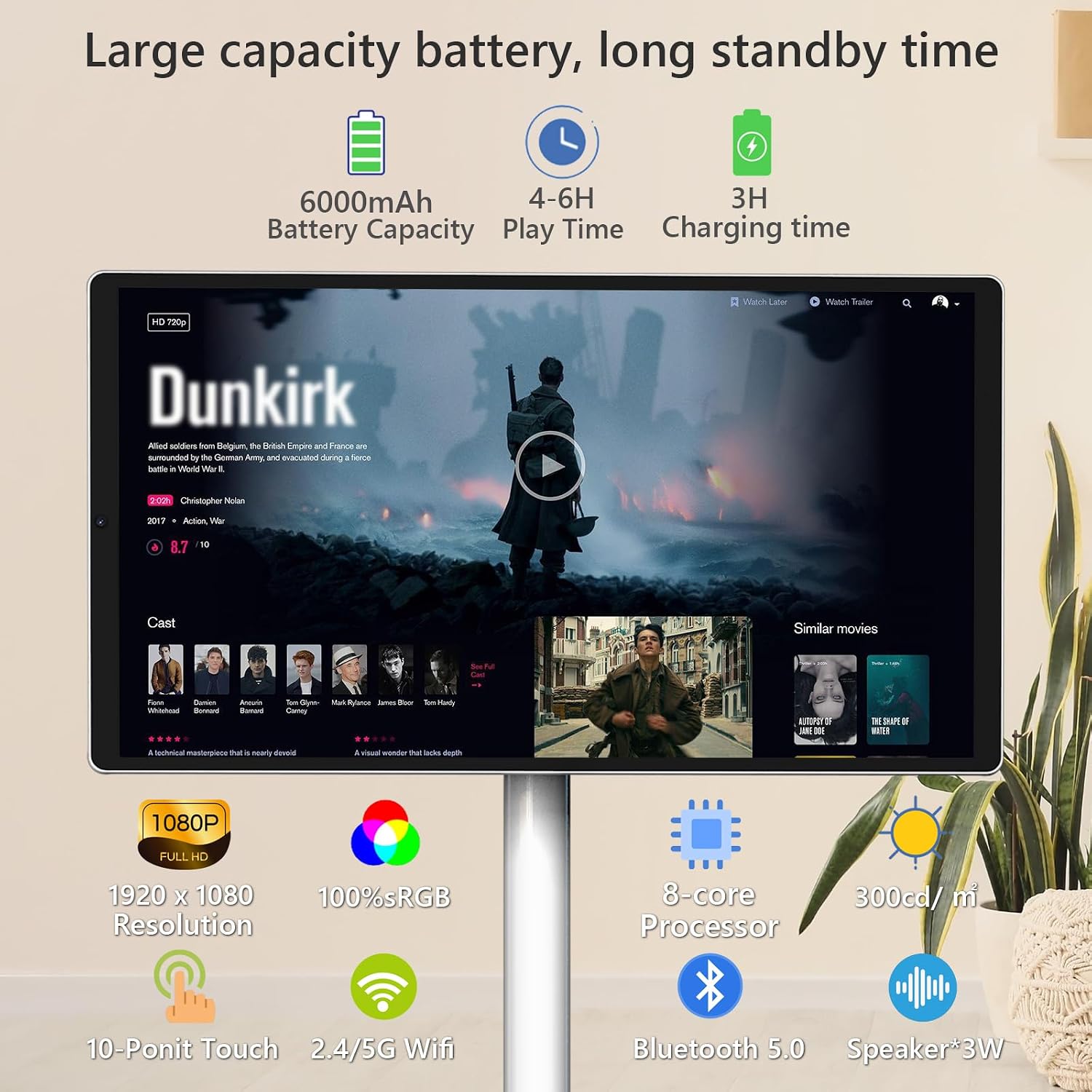 OFD 21.5 Inch 2nd Gen Portable TV on Wheels 1080P,100%sRGB,6+128GB Storage,Android 15 OS Touchscreen RollingTV with 13MP Webcam,Remote Control,Wireless Projection,6000 mAh Battery,EDLA-Certified,White