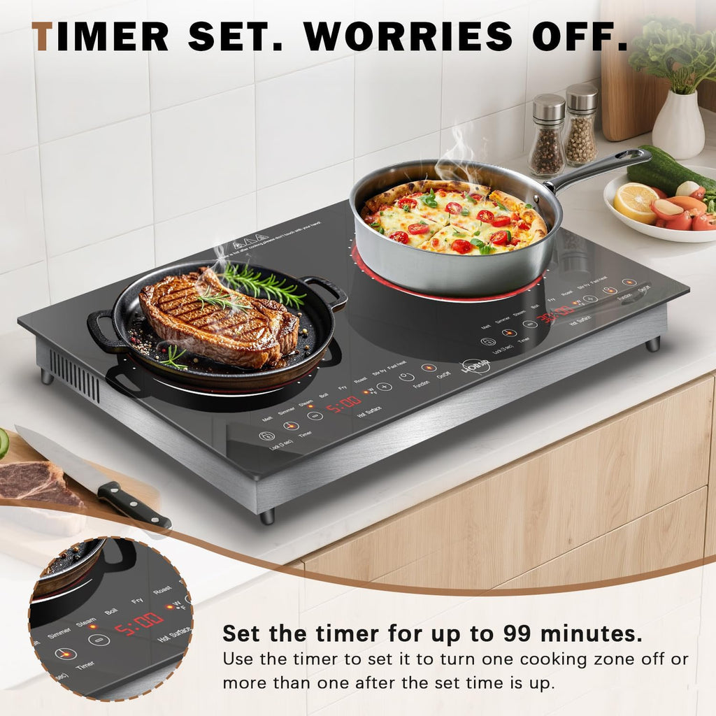 Hobsir 2 Burner Electric Cooktop 110V with Plug, Total 2000W Shared Power, Electric Stove Top with 8 Function & 8 Power, Two Burner Kitchen Cooktop with Timer & Child Safety Lock, for RV Camping