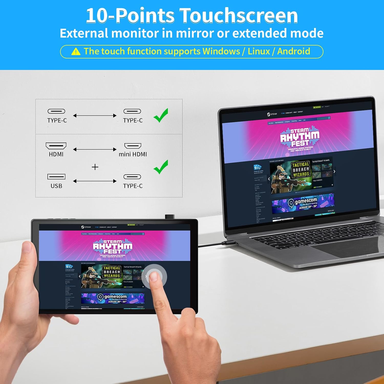 7 inch Portable Touchscreen, Mini 1080P 60Hz USB C HDMI Monitor, Ultra Thin Lightweight IPS LCD Display Second Screen for Gaming, Working, PS5, Xbox, Laptop, PC
