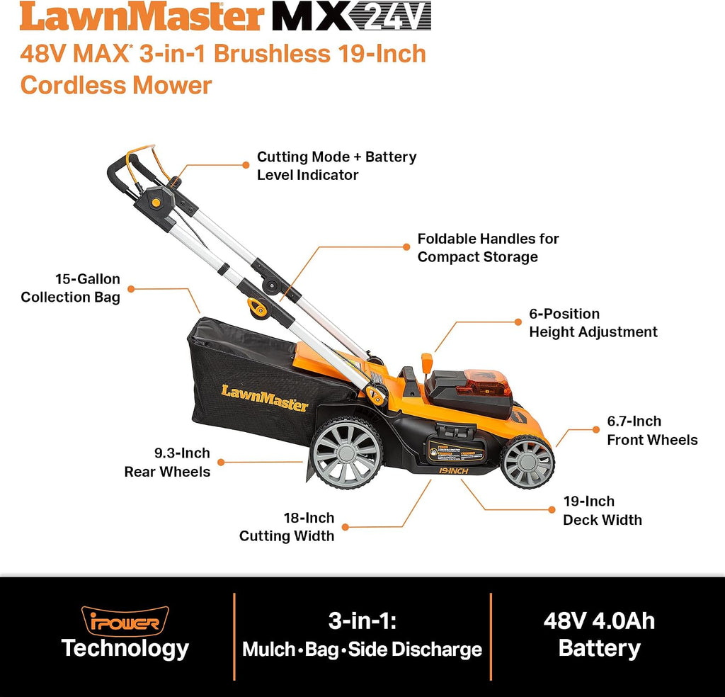 LawnMaster 48V MAX Electric Lawn Mower, 19-inch Brushless Cordless Lawn Mower with 2X24V MAX 4.0Ah Battery and a Dual Charger-CLMF4819A