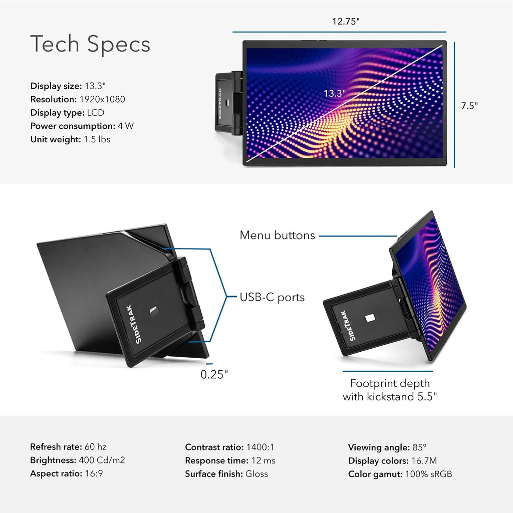 SideTrak Swivel Pro Triple 13.3' Ultra Slim Attachable Portable Monitor, FHD IPS 1080p Laptop Screens with Kickstand + Unique Patented Swivel Hinge, For Mac, PC, and Chromebook, USB-C® Port Connection
