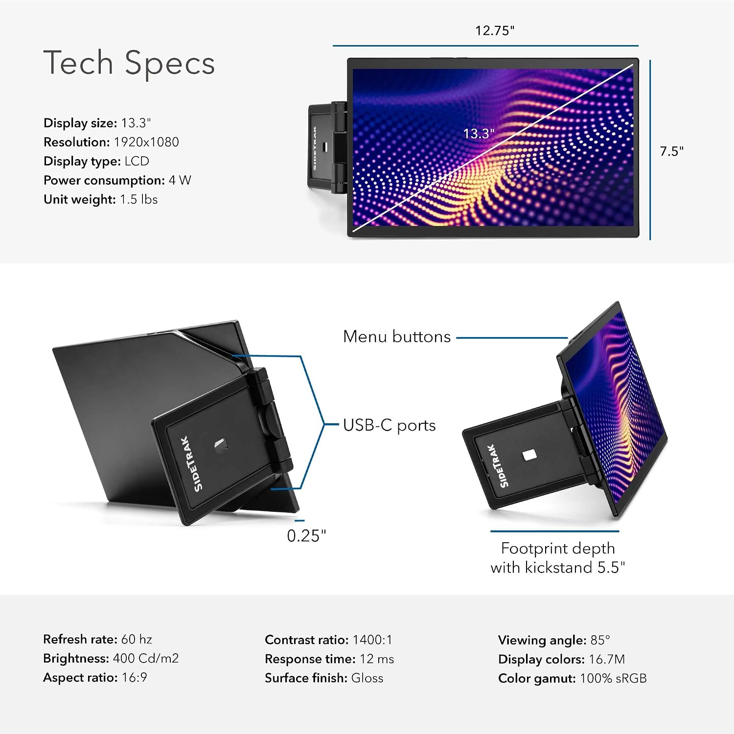SideTrak Swivel Pro 13.3' Ultra Slim Attachable Portable Monitor, FHD IPS 1080p Laptop Screens with Kickstand + Unique Patented Swivel Hinge, for Mac, PC, and Chromebook, USB-C® Port Connection