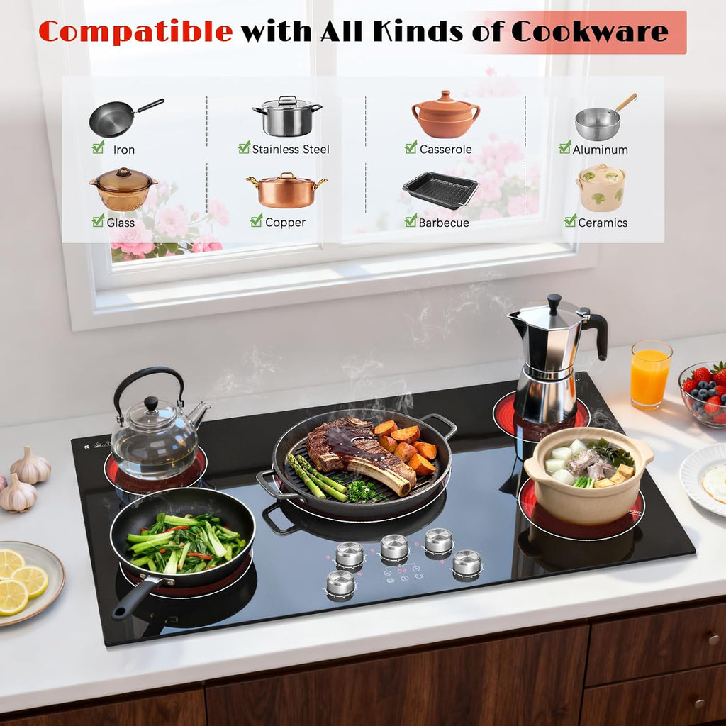 Karinear 36 inch Electric Cooktop, 5 Burner Radiant Cooktop with Knob & Touch Control, 9200W 240V Built-in Stove Top, 9 Power Levels, Timer, Child Lock, Pause, Residual Heat Indicator(Sliver Knob)