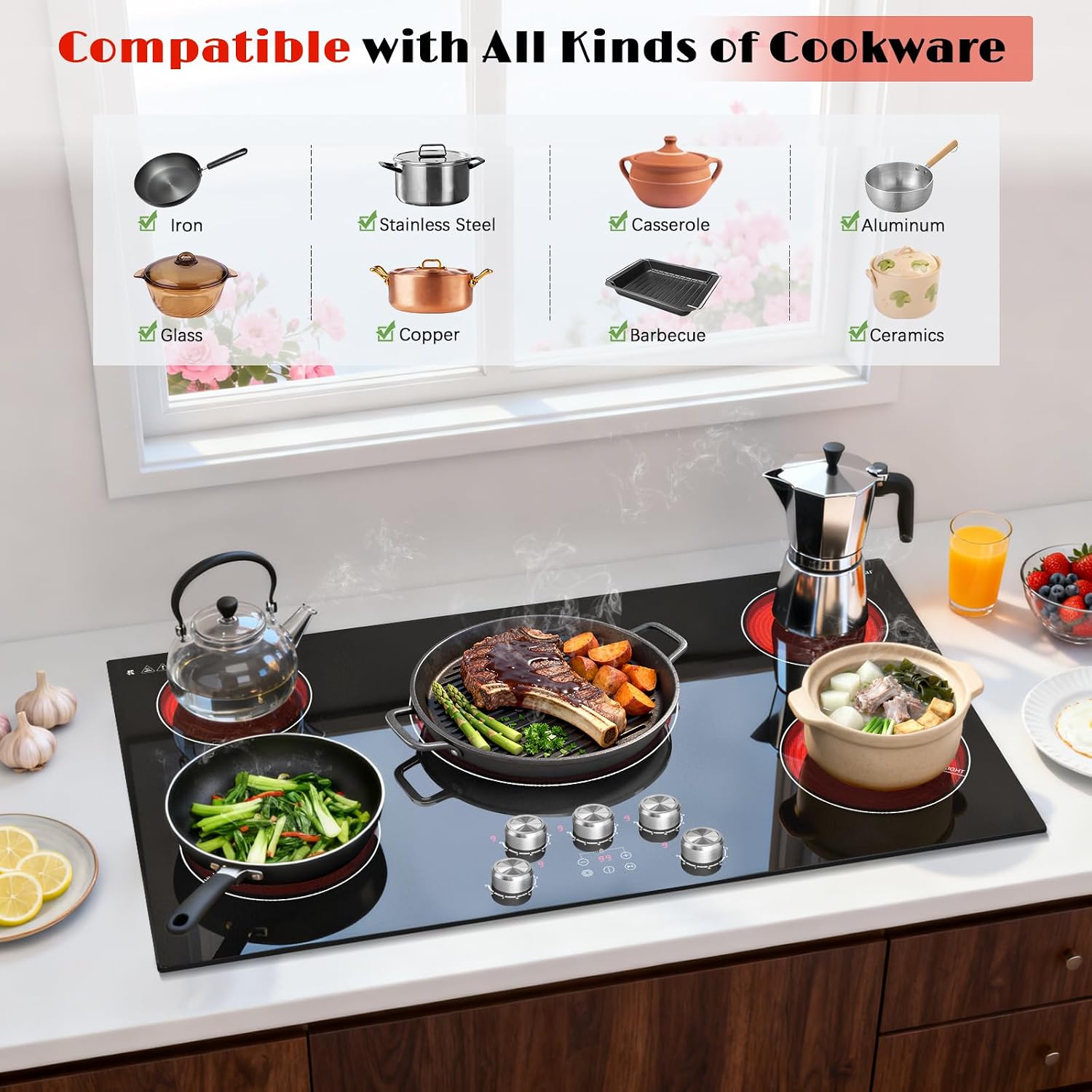 Karinear 36 inch Electric Cooktop, 5 Burner Radiant Cooktop with Knob & Touch Control, 9200W 240V Built-in Stove Top, 9 Power Levels, Timer, Child Lock, Pause, Residual Heat Indicator(Sliver Knob)
