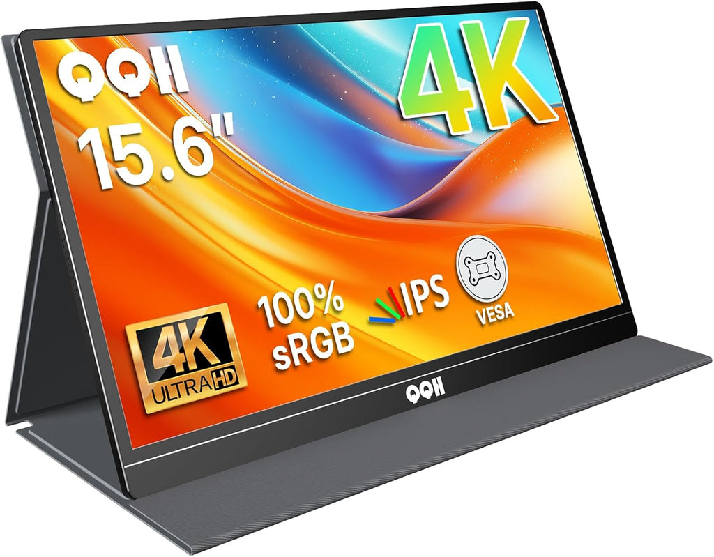 QQH 4K Portable Monitor, 15.6' IPS 3840x2160 UHD USB-C HDMI Travel Portable Monitor for Laptop, Ultra-Slim Alloy Gaming Monitor Second Display with w/Smart Cover for PC, Phone, PS5/4, Xbox, Switch