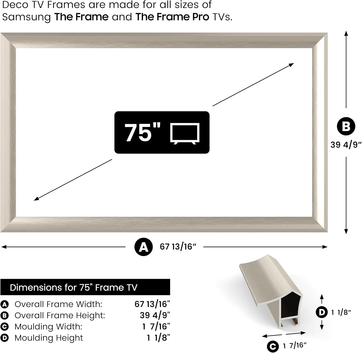 German Silver Prismatic 75' Alloy Deco TV Frame - Compatible ONLY with Samsung The Frame TV and Pro TVs (Fits 2021-2026, LS03A, LS03B,LS03C,LS03D,LS03FA,LS03FW)