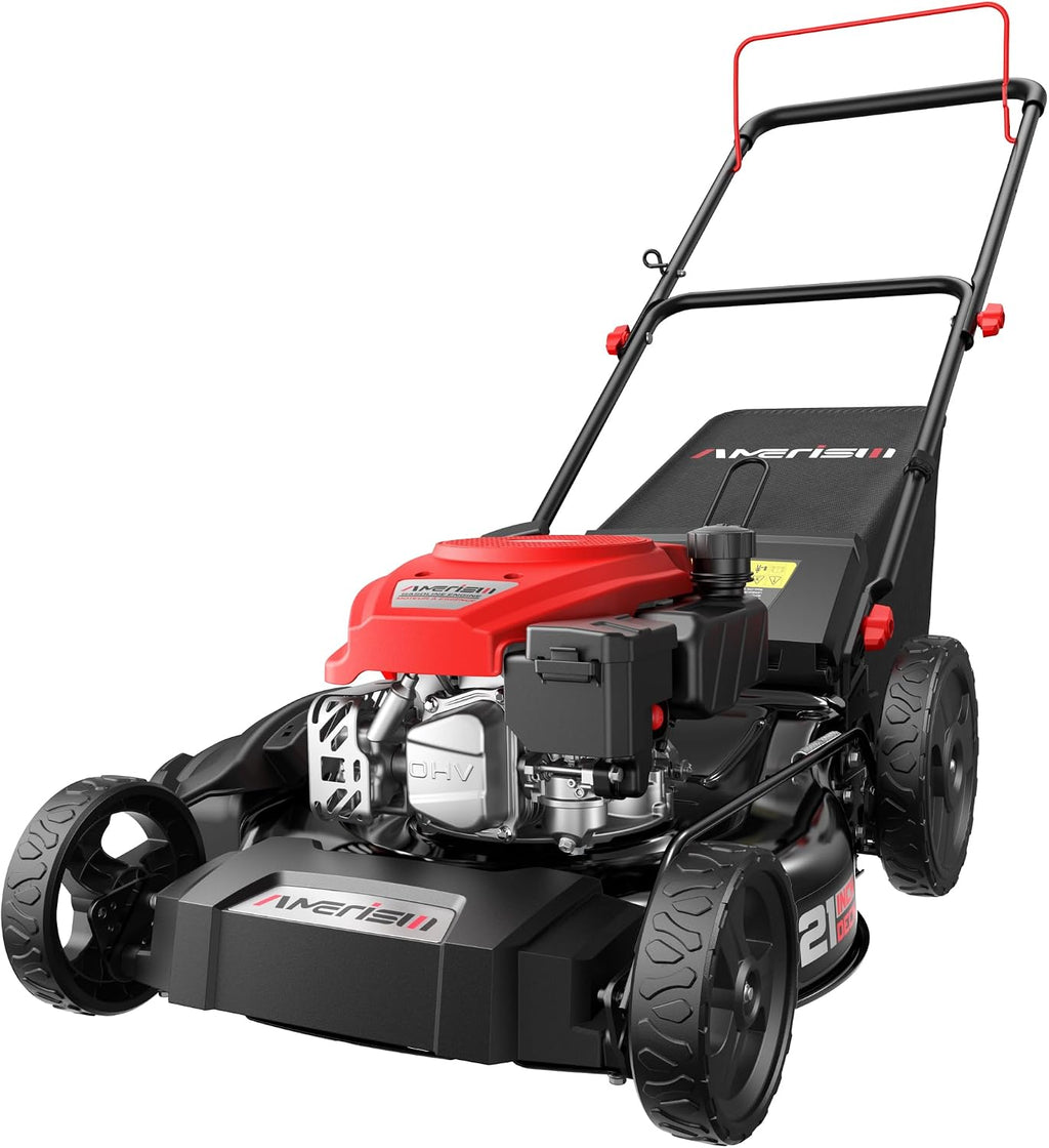 AMERISUN 21' Gas Lawn Mower, 3-in-1 Gas Push Mowers, 144cc 4-Stroke OHV Engine, 6 Height Adjustments 1.4 Bushel Grass Catcher, Lawnmower with Bagging, Mulching & Side Discharge, Efficient Steel Deck