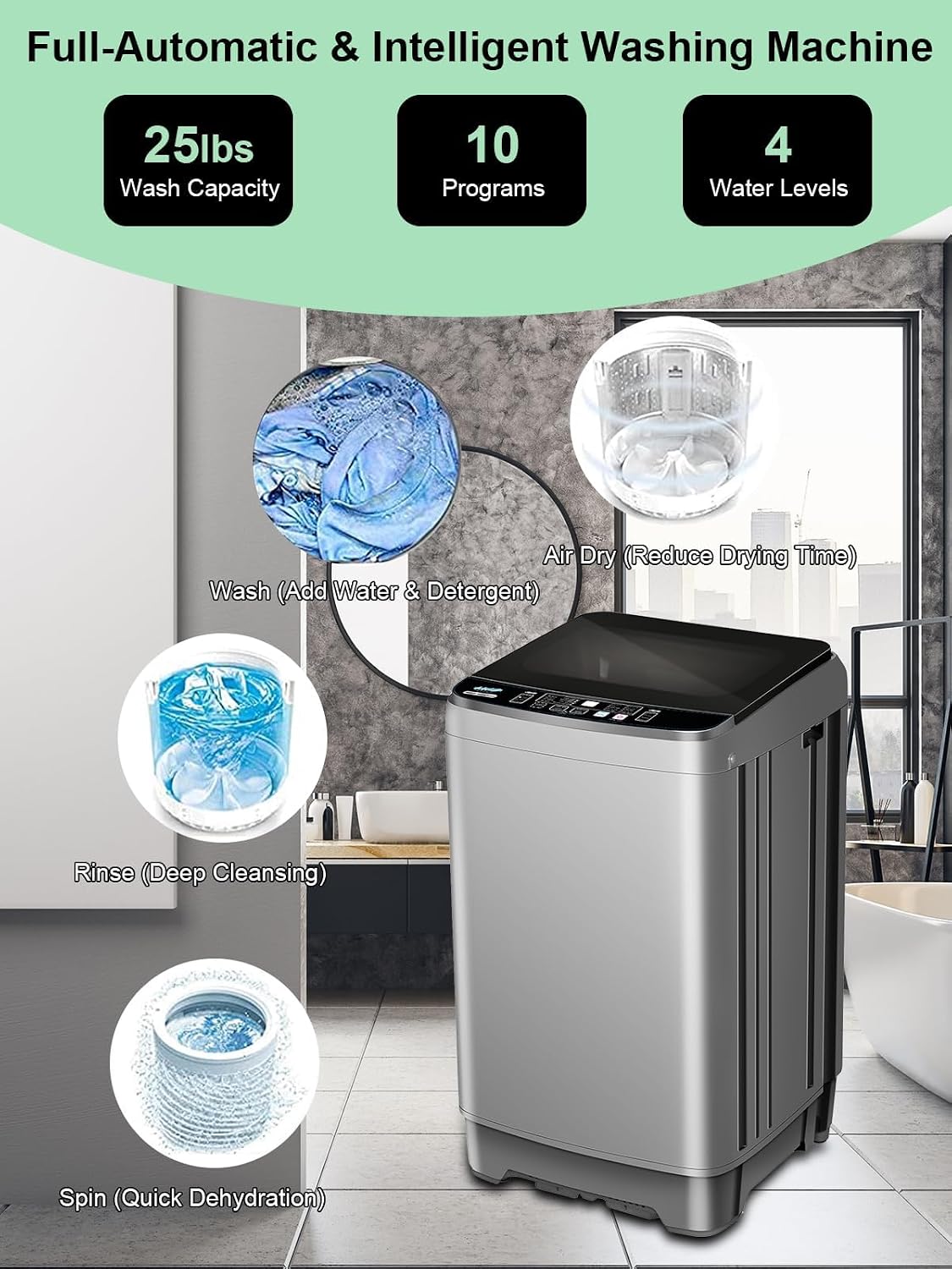 25 lbs Full Automatic Washing Machine with LED Display Compact Washing Machine with a Glass Cover Drain Dump, 10 Wash Programs and 8 Water Levels Ideal for Dorms, Apartments, RV, Grey