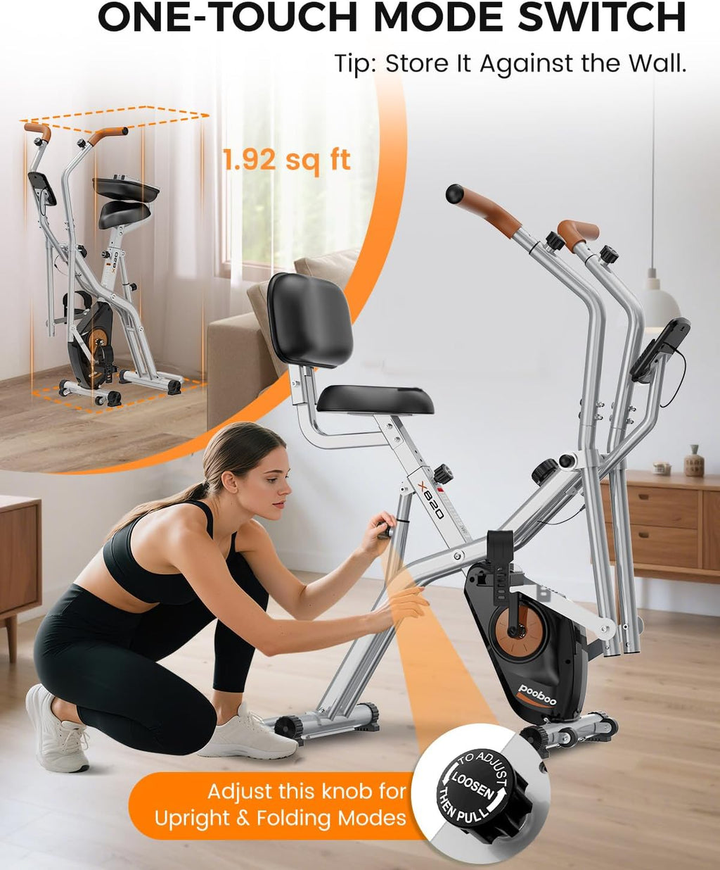 pooboo Folding Exercise Bike, Foldable Upright Stationary Bike, Indoor Cycling Magnetic X-Bike with 8-Level Adjustable Resistance, 6.6 LBS Flywheel, 300LB Capacity, Back Support Cushion for Home Gym