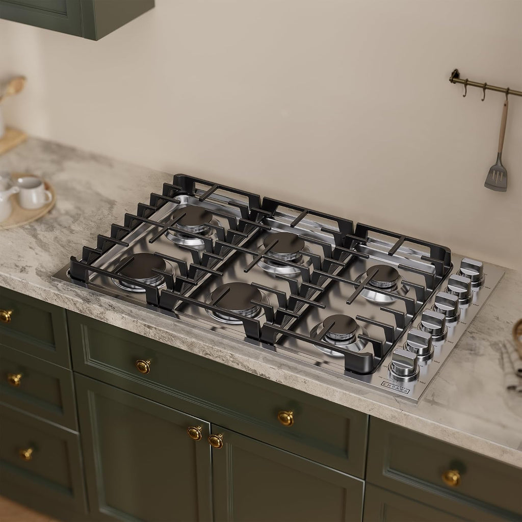 Empava 36 in. Gas Stove Cooktop 6 Italy Sabaf Sealed Burners NG/LPG Convertible in Stainless Steel