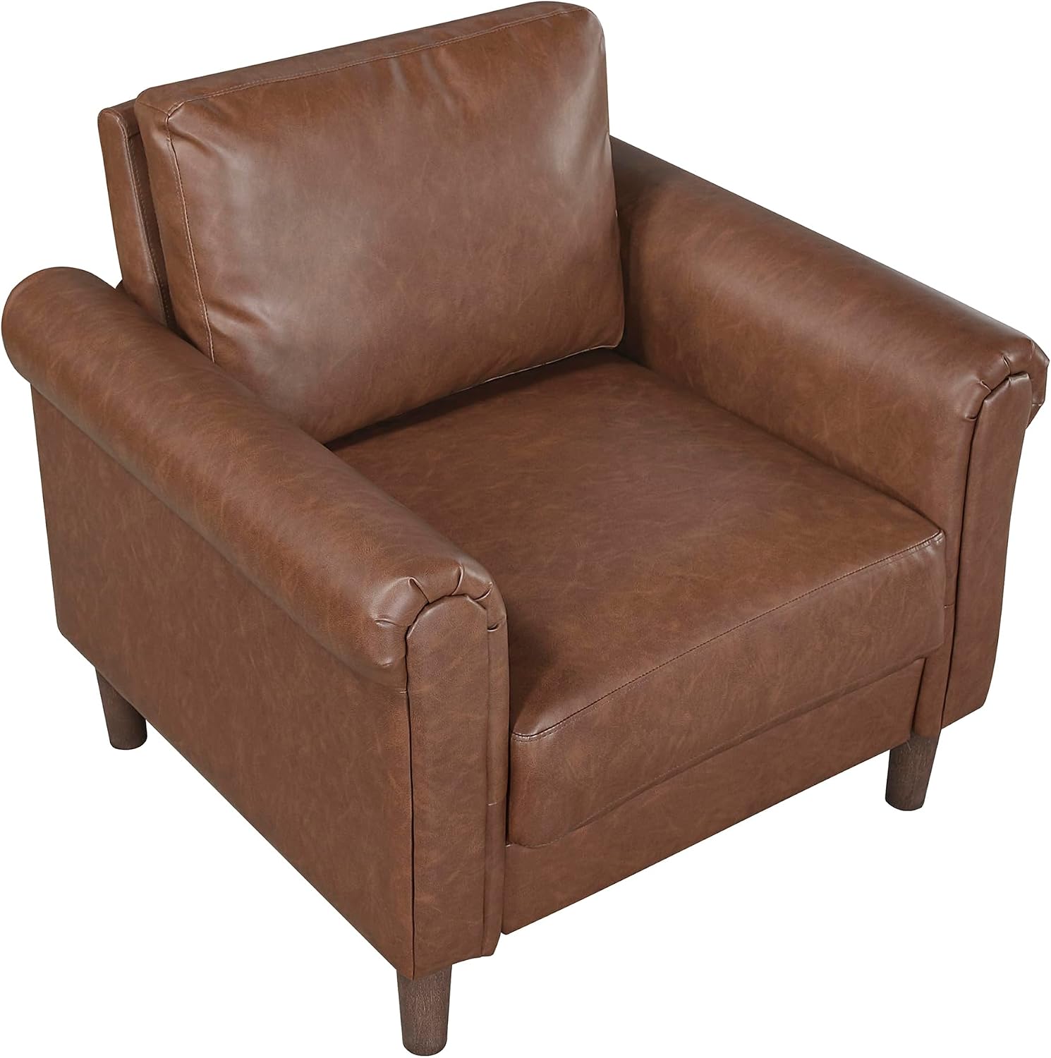 Lexicon 35' W Living Room Accent Chair, Faux Leather Upholstered Armchair with Rolled Arms & Wood-Look Feet, Traditional Single Sofa Chair for Living Room, Bedroom or Office - Chocolate