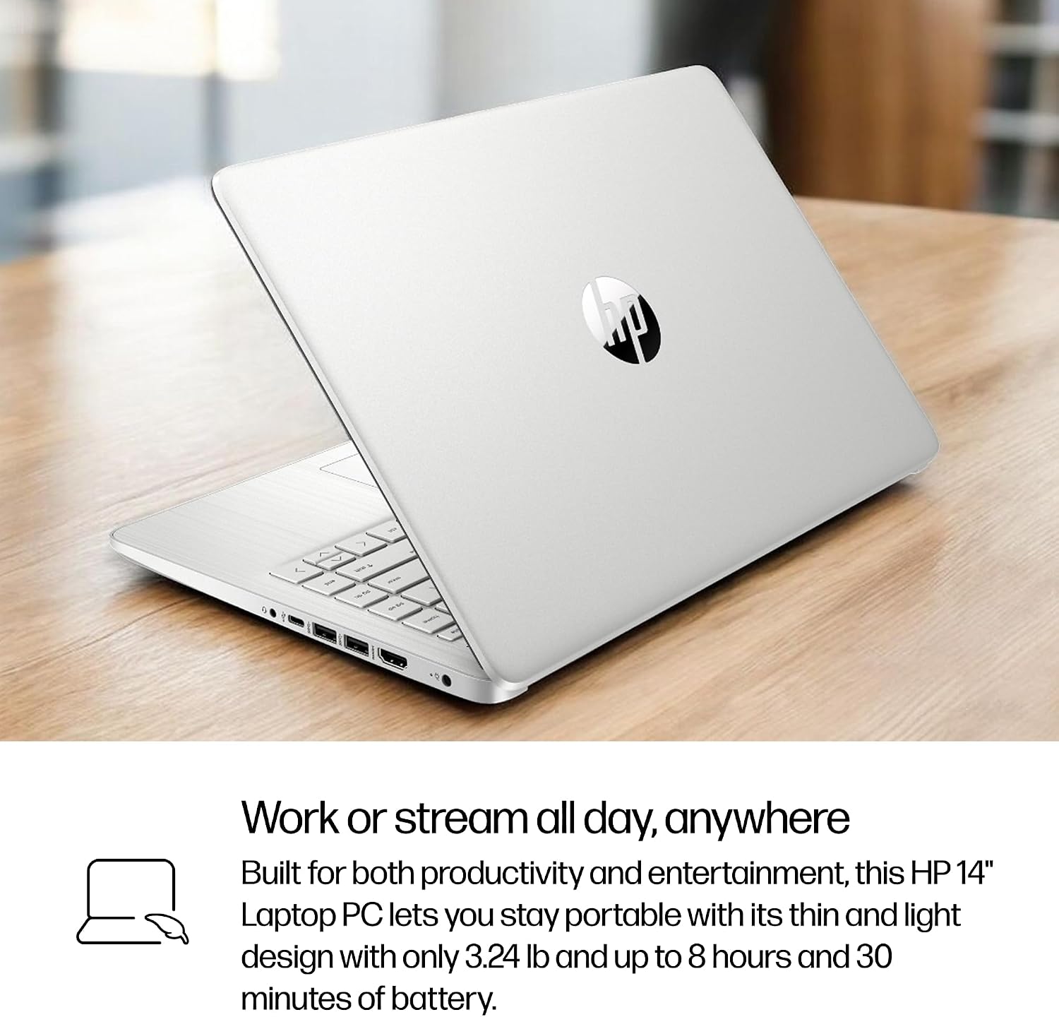 HP 14 inch Laptop, HD Display, Intel Core i3-1215U, 8 GB RAM, 256 GB SSD, Intel UHD Graphics, Windows 11 Home in S Mode, Natural Silver, 14-dq5009nr