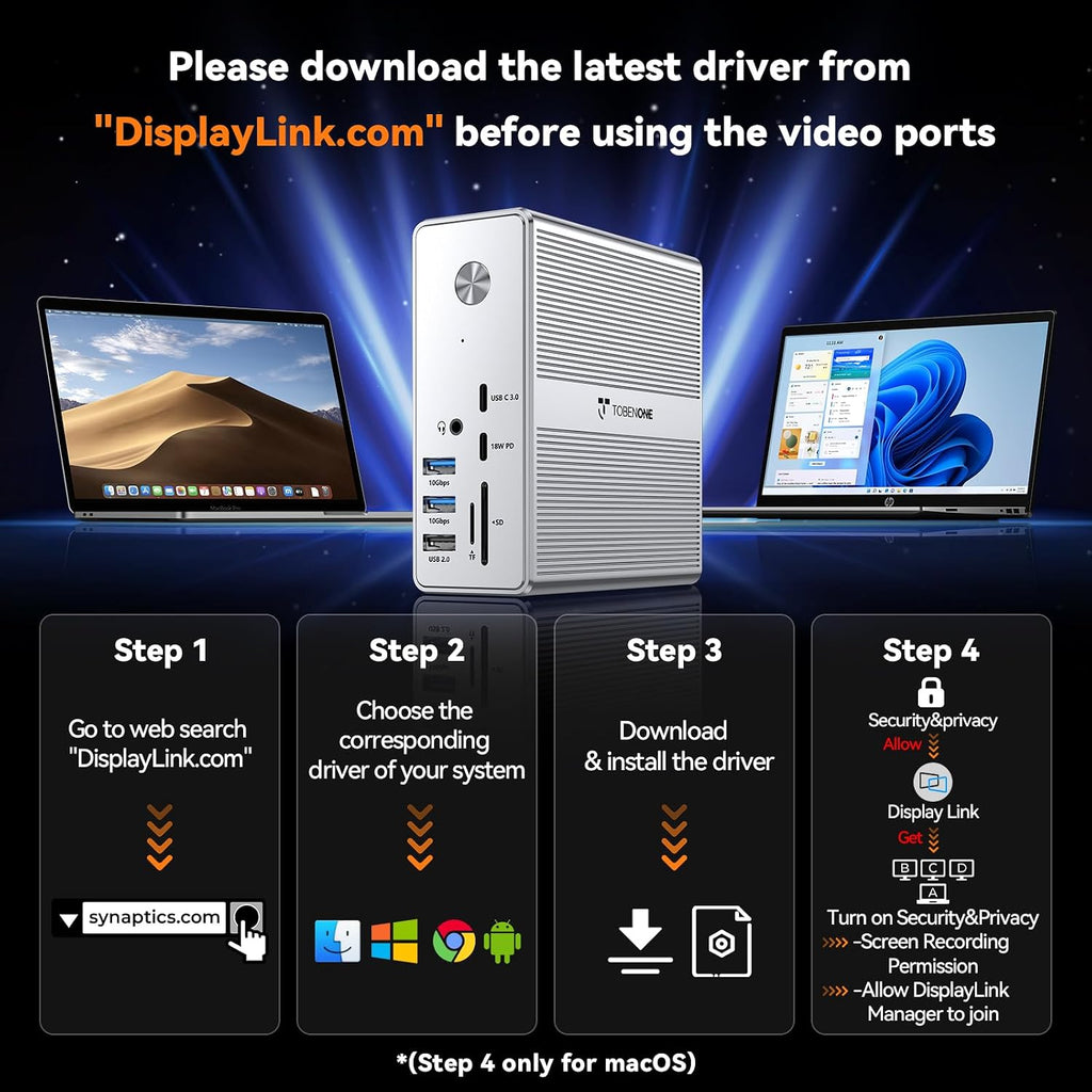 TobenONE 𝗗𝗶𝘀𝗽𝗹𝗮𝘆𝗟𝗶𝗻𝗸 𝗗𝗿𝗶𝘃𝗲𝗿 𝗥𝗲𝗾𝘂𝗶𝗿𝗲𝗱 Docking Station, Supports 3 Monitors, 10Gbps USB, 120W Power Supply, 18W Charging for Phone, Gigabit Ethernet, Audio,Compatible with macOS