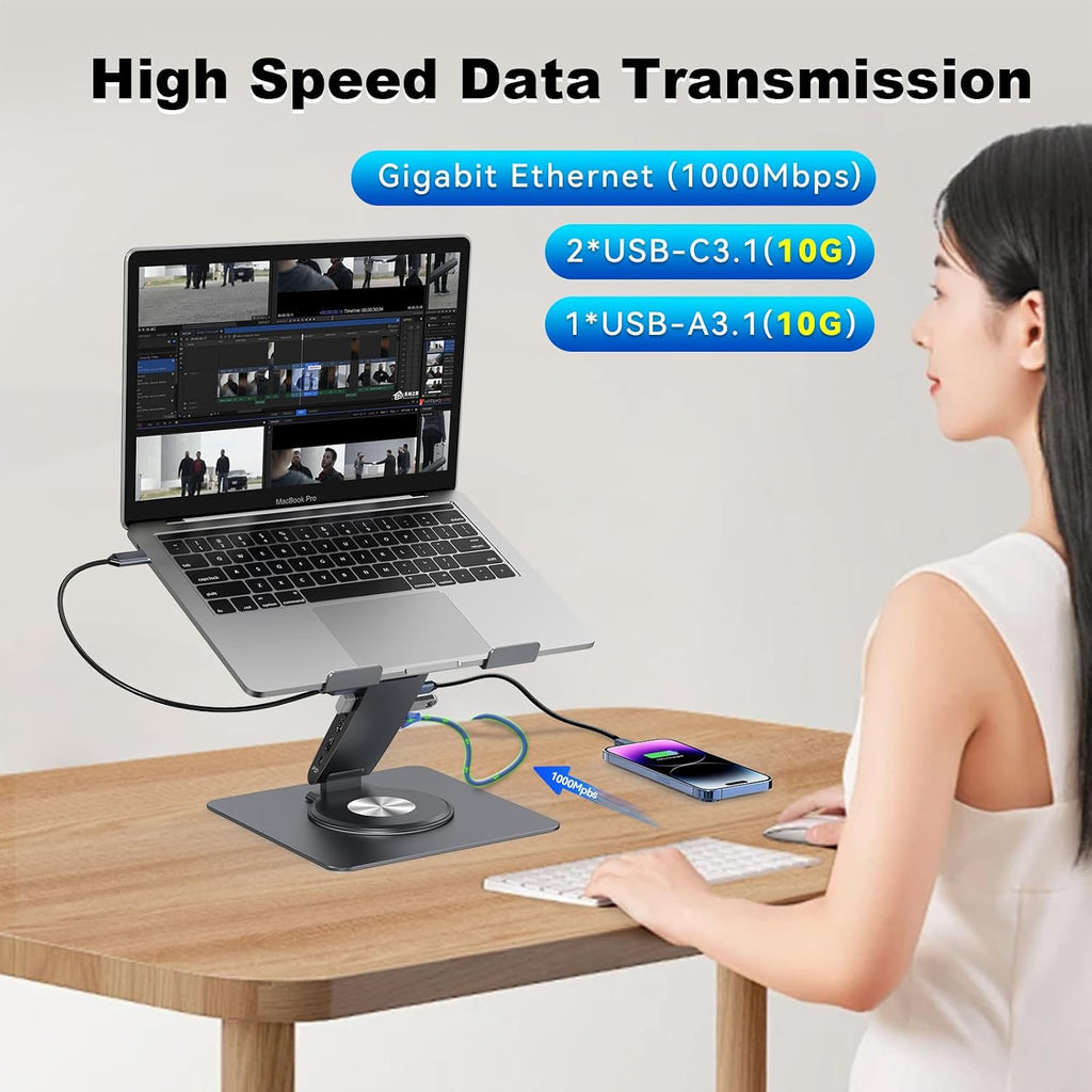Laptop Docking Station Stand 11-IN-1 Triple Display HDMI DP 4K60Hz Gigabit Ethernet USB3.1 PD100W SD/TF Card Reader Audio 360°Swivel Laptop Stand with USB Hub for MacBookPro/Air/Dell/HP/Surface/Lenovo
