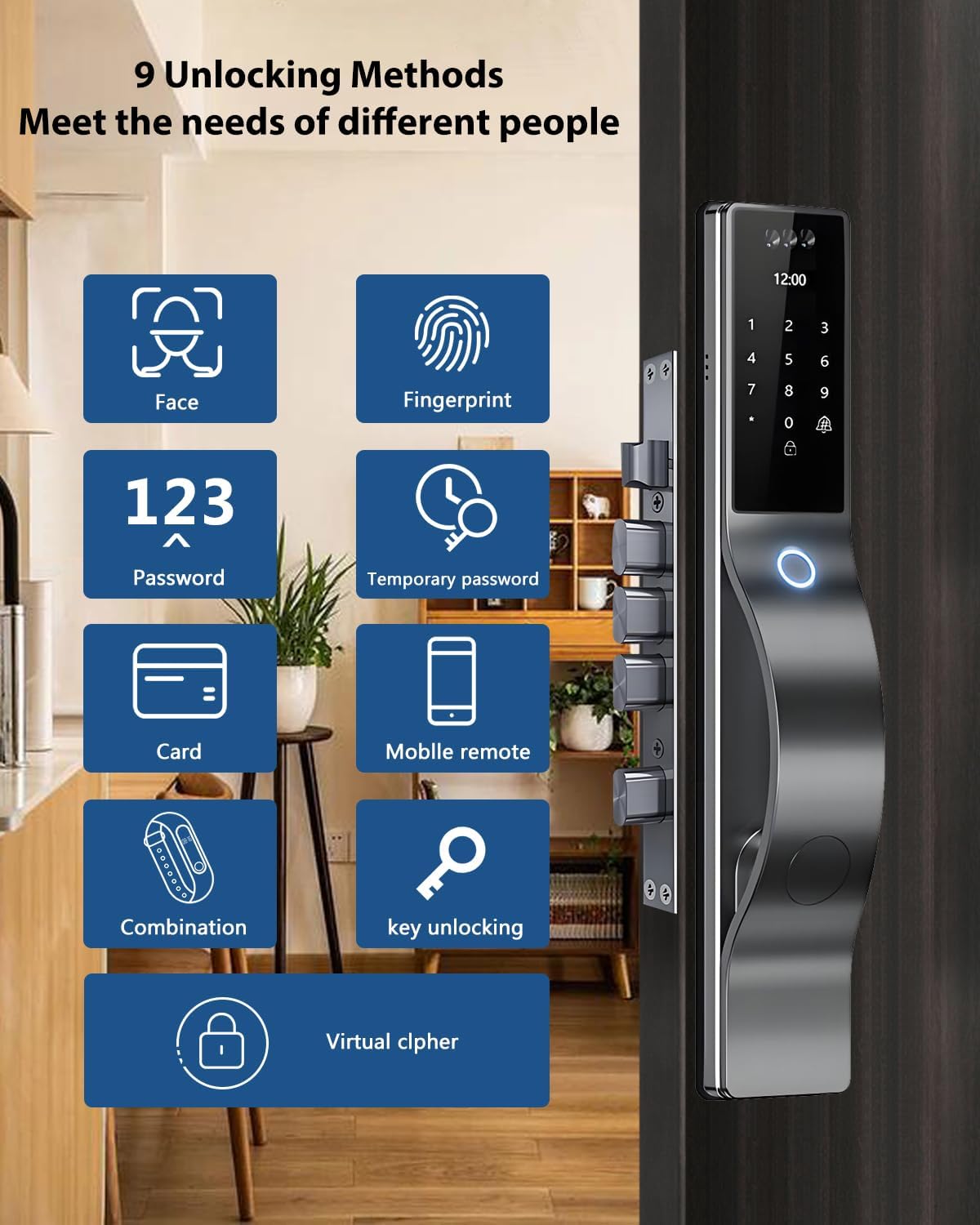 3D Face Recognition Door Lock with Lockbody, Video Smart Lock with Camera&Doorbell, Front Door Keyless Entry Lock, WiFi&Tuya APP Control/Fingerprint/IC Card/Password/Keys