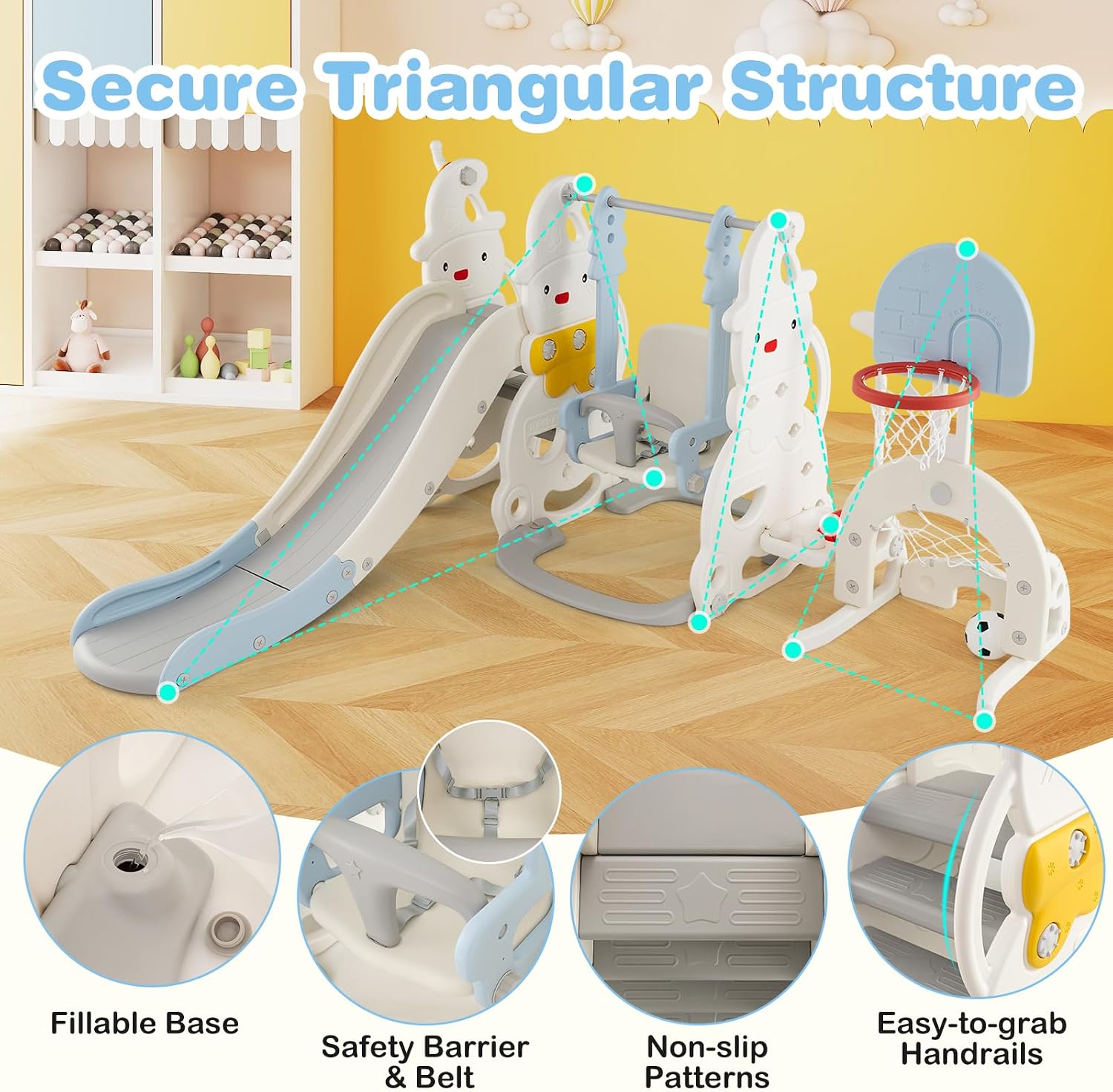 Costzon Toddler Swing and Slide Set, 7 in 1 Toddler Slide for Kids w/Height Adjustable Basketball Hoop & Swing, Climber, Golf, Soccer, Ring Tossing, Freestanding Indoor Playground for Girls & Boys