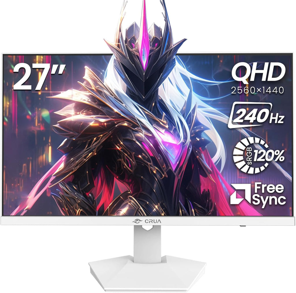 CRUA 27' 240Hz Gaming Monitor, QHD 2560x1440 IPS Display, AMD FreeSync, 120% sRGB, Built-in Speakers, Blue Light Filter, Wall Mountable PC Monitor, HDMI & DP, White, for Gaming, Streaming & Work
