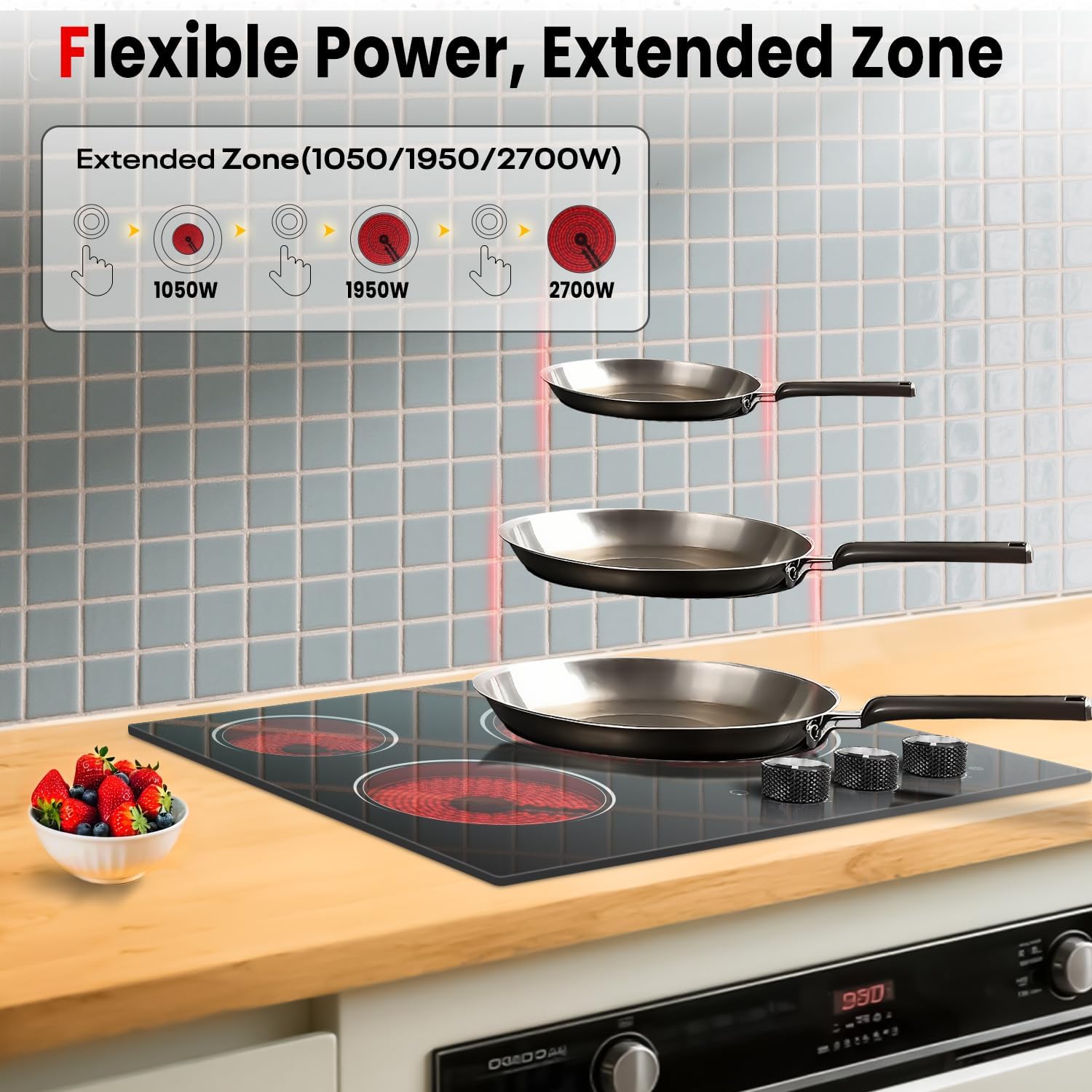 Electric Cooktop 24 Inch - 5700W 3 Burner Electric Stove with Knob Conrol, 220-240V Electrics Stove Top 24'', Built-in, Automatic Shutdown & 9 Heating Levels, Residual Heat Warning, Hard Wire