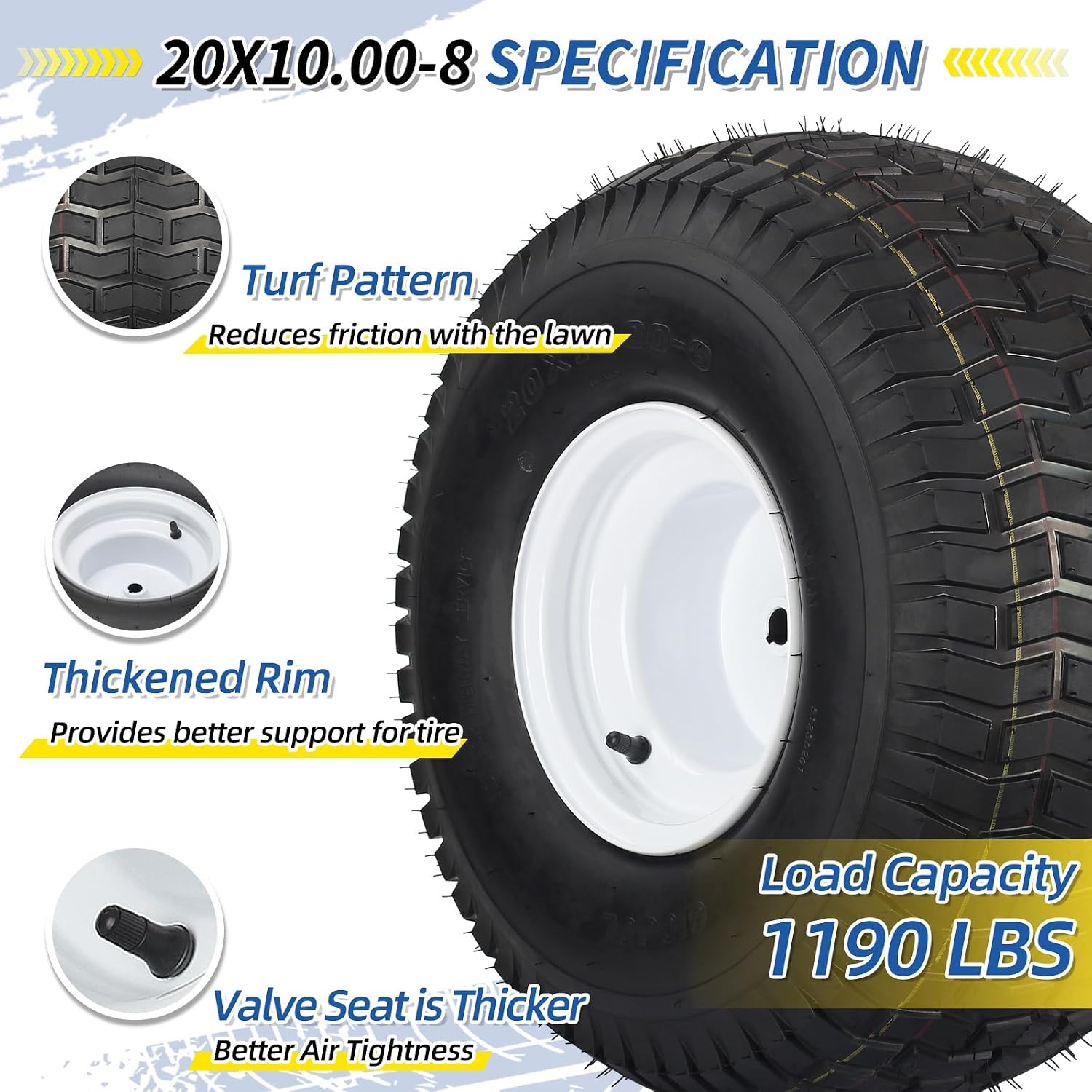 GICOOL 20x10.00-8 Lawn Mower Tire and Wheel, 4 Ply Tubeless Tire, Replacement 20x10-8nhs Riding Lawn Mower and Tractor Rear Tire and Wheel Assemblies, 3.5' Offset Hub, 3/4' Borehole, and 3/16' Keyway