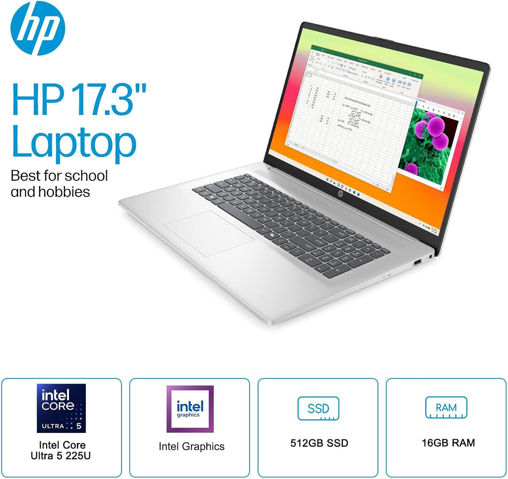 HP 17 Laptop AI PC (17.3' HD+ Touchscreen, Intel 12-Core Ultra 5 225U (> i7-1355U), 16GB DDR5 RAM, 512GB SSD) for Business, Home, Students, Backlit, Fingerprint, Webcam, Win 11 Pro, Silver