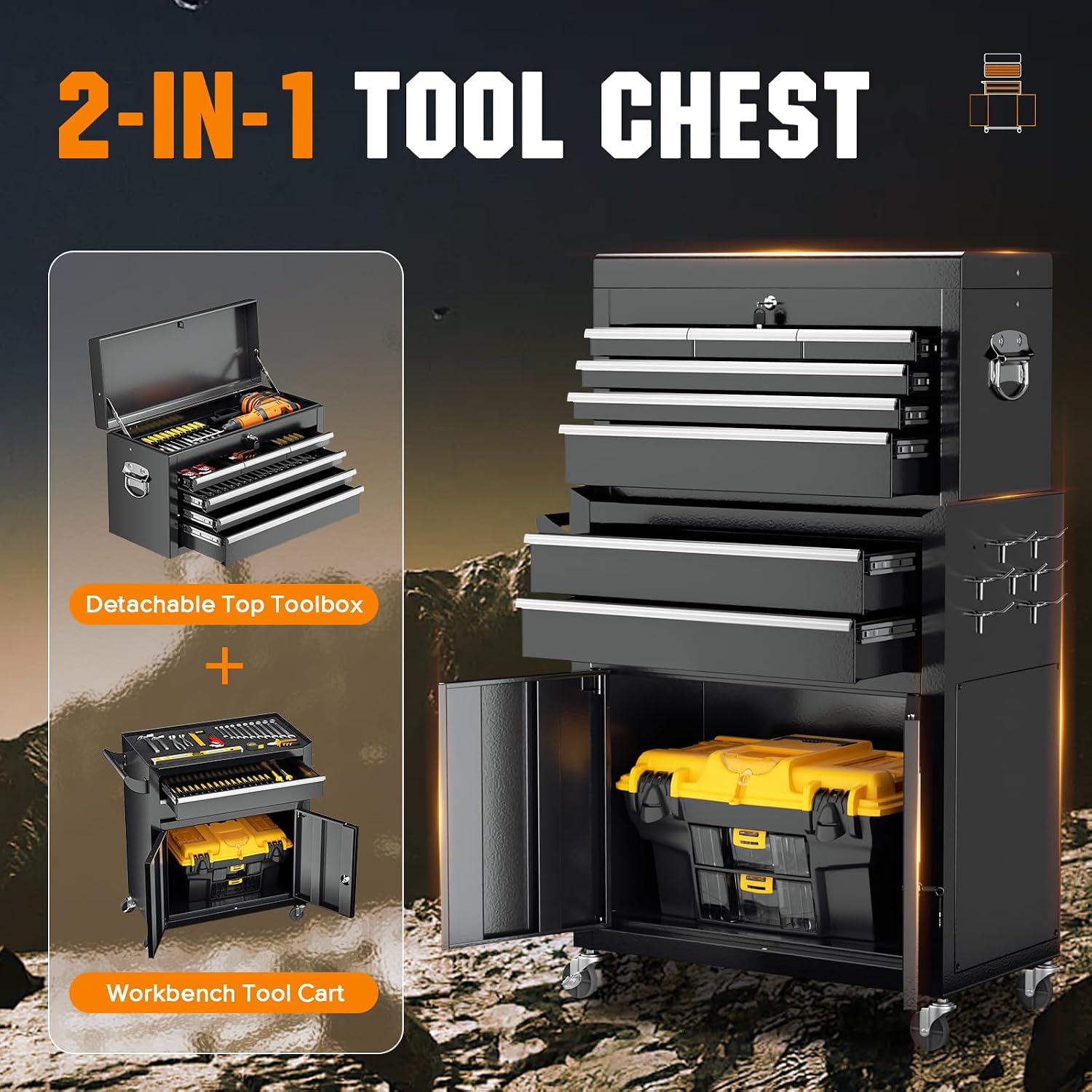 8-Drawer Rolling Tool Chest - Heavy-Duty Steel Tool Cabinet with Detachable Top Box, Locking Wheels & Security System for Garage/Workshop, 2-in-1 Design (Black)