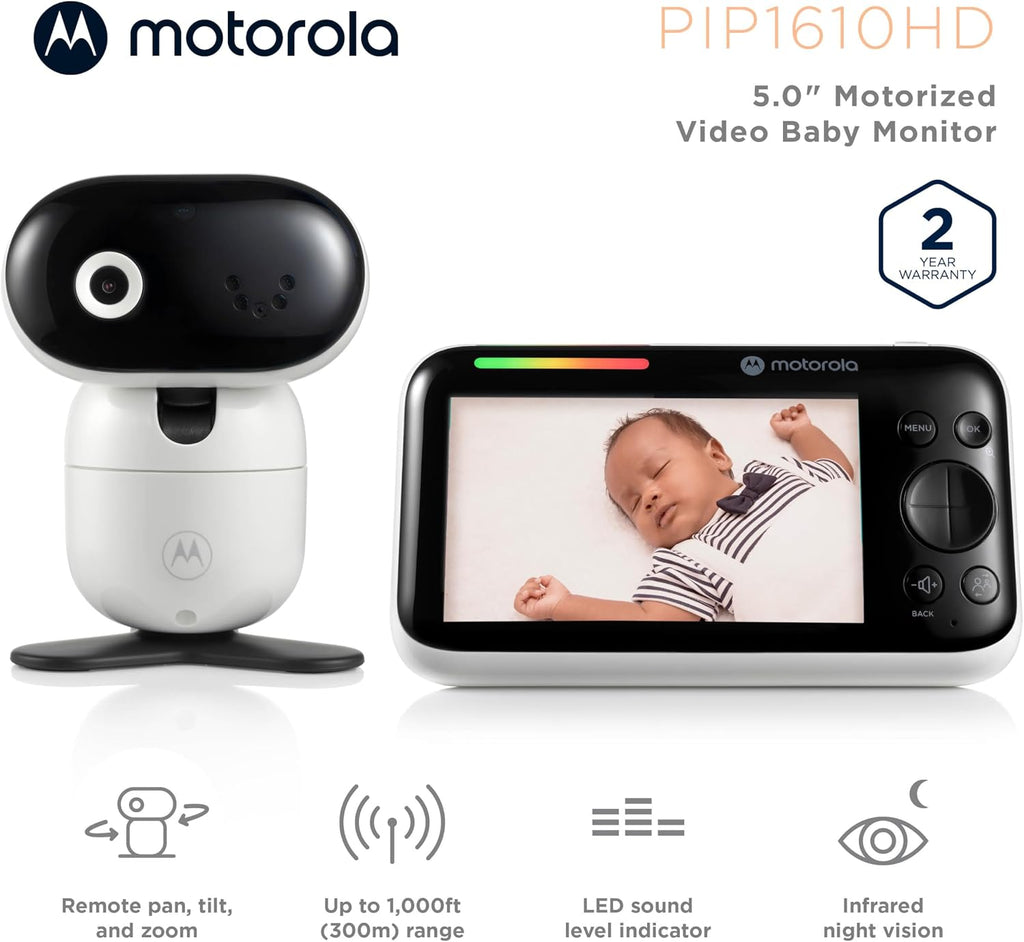 Motorola Nursery Video Baby Monitor with Camera, 5' Screen HD PIP1610, No WiFi, Wall Mount, Long Range, 2-Way Audio, Temperature Sensor, Motorized, Lullabies