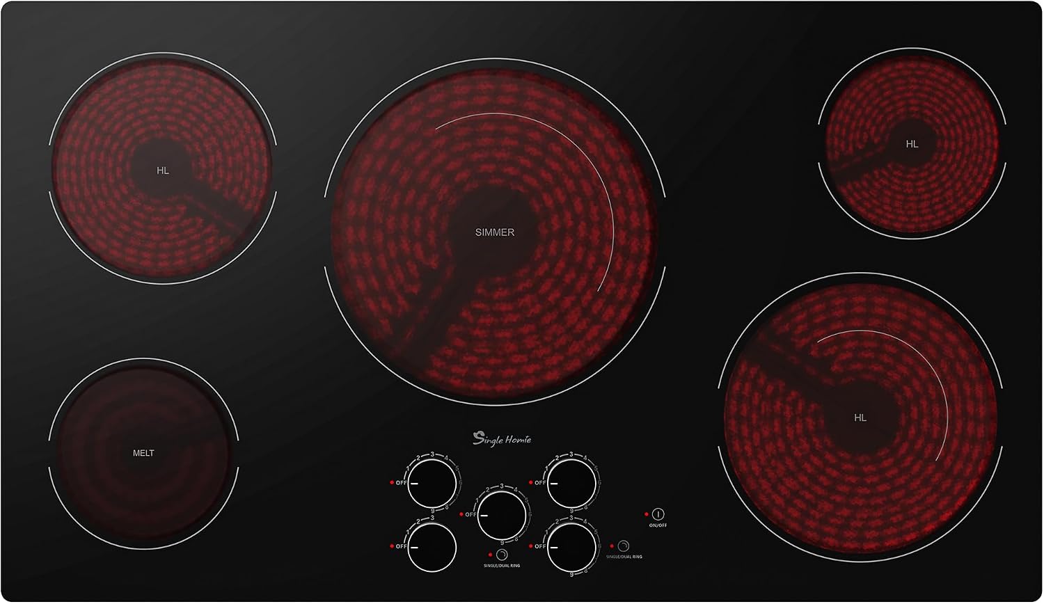 36 Inch Electric Cooktop 5 Burners, Electric Stove Top with Knob Control, Built-in Ceramic Stove, Fast Heat, 9 Heating Level, 9000W with Hard Wire for 220V~240V