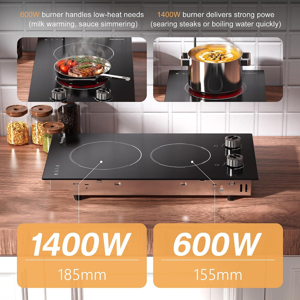 2 Burner Electric Cooktop 110V Karienvir, Plug in Electric Stove Top Burner 2000W, Cooktop Knob Controls, 12 Inch Countertop & Built-In Portable Kitchen Cooktop, 9 Power Levels, Residual Heat Warnings