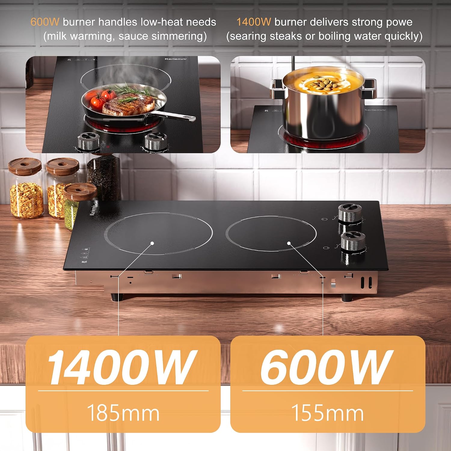 2 Burner Electric Cooktop 110V Karienvir, Plug in Electric Stove Top Burner 2000W, Cooktop Knob Controls, 12 Inch Countertop & Built-In Portable Kitchen Cooktop, 9 Power Levels, Residual Heat Warnings