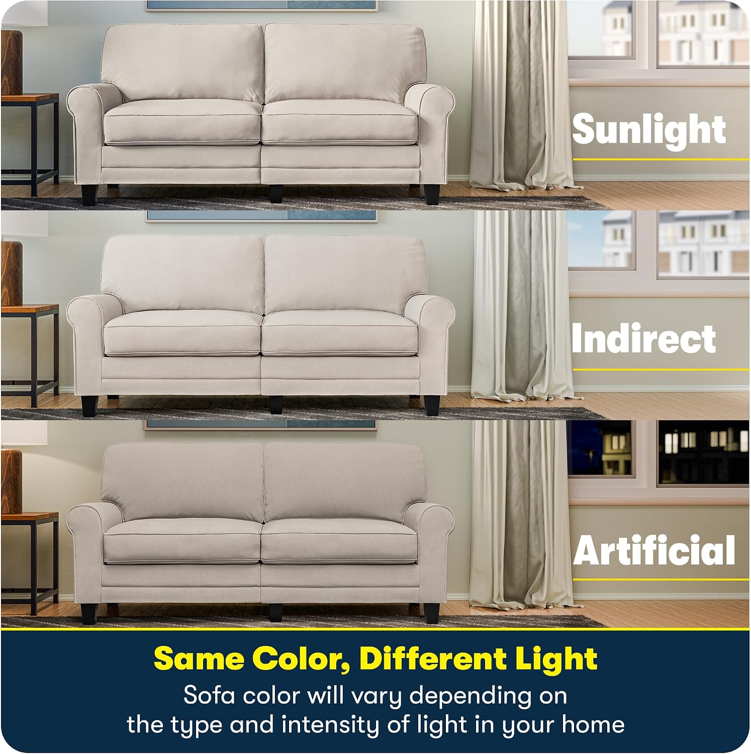 Serta Copenhagen 78' Rolled Arm Sofa, Easy Care Polyester, Soft Pillow Back, Pocket Coil Seat Cushions, Removable Covers, Loveseat or Couch for Small Spaces, Living Rooms or Bedrooms, Cream White