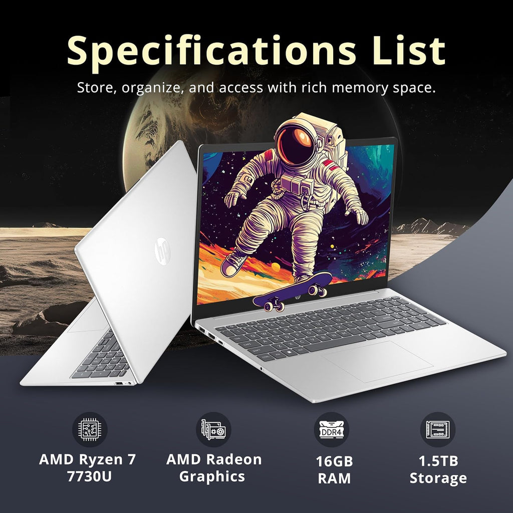 HP 15.6' FHD IPS Touchscreen Laptop, AMD Ryzen 7 7730U, 16GB RAM, 1.5TB Storage (512GB SSD+1TB Docking Station Set), AMD Radeon Graphics, Numeric Keypad, 720p HD Camera, Wi-Fi 6, Win 11, Silver