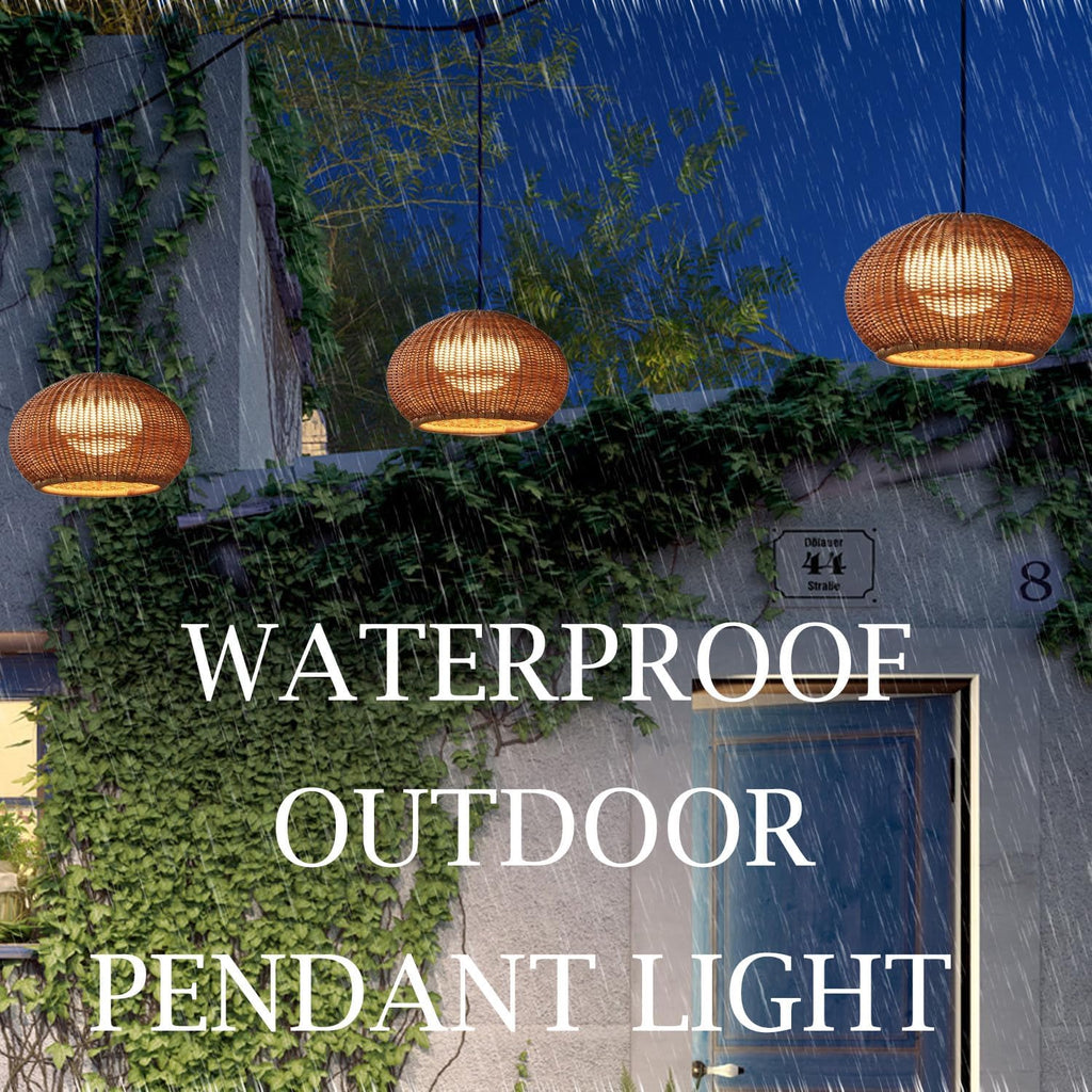 MIXL- Hand-Woven Rattan Pendant Light,Waterproof Outdoor Lighting Fixture,Adjustable Pendant Hanging Lamp,Vintage Style Hanging Light for Garden Patio and Yard