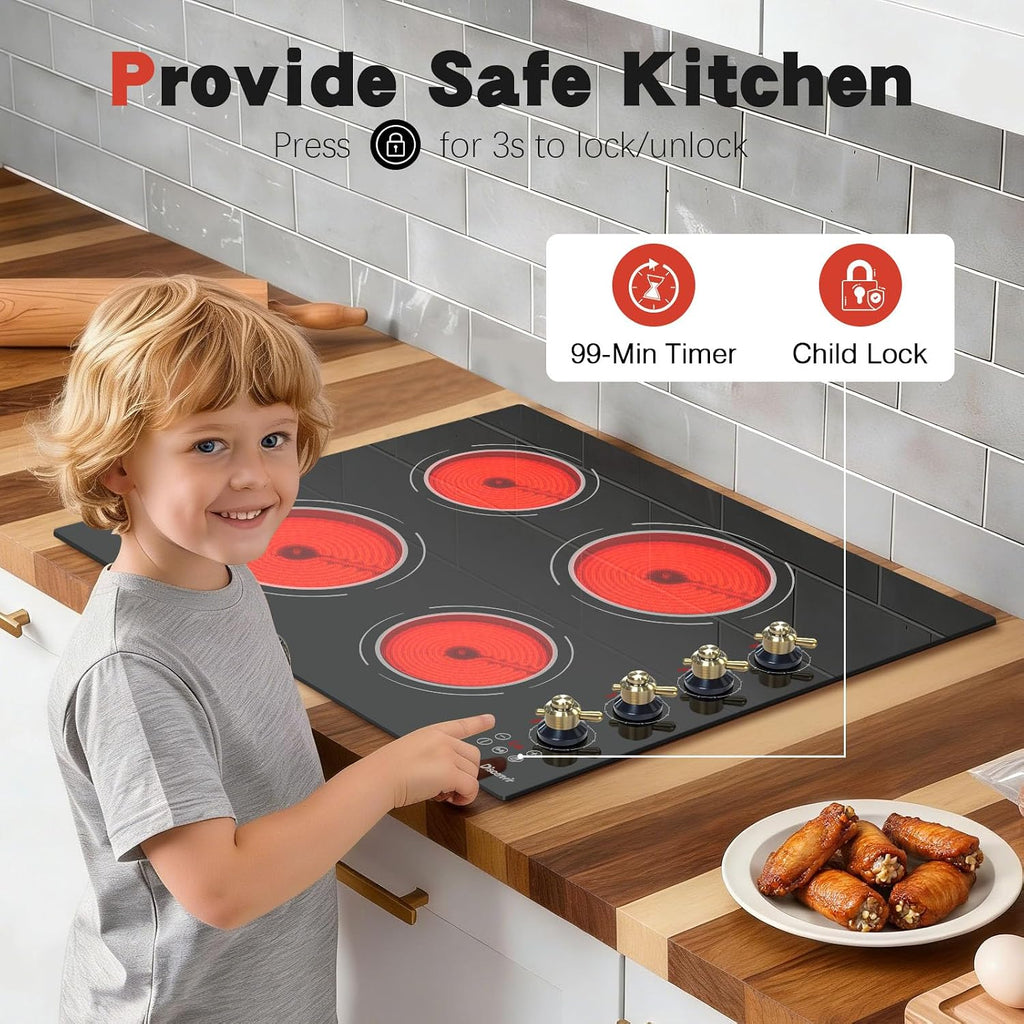 24 Inch Electric Cooktop - 4 Burner Drop-in(22.05'x19.3') Ceramic Stove Top 6000W, 220V Electric Stove, 9 Power Level, Pause, Safety Lock, Touch & Knob Control, 240V Hard Wired (No Plug)