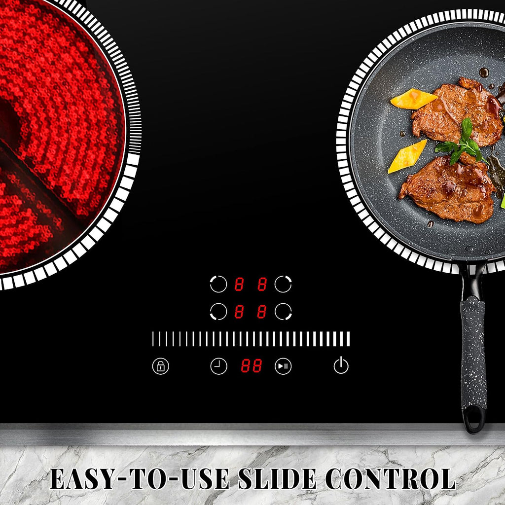 24 Inch Electric Cooktop 4 Burner Electric Stove, 24' Built-in Ceramic Stovetop with Slide Control, Timer, Child Lock, 9 Heating Level, 6000W, 220-240v, No Plug, Hard Wire