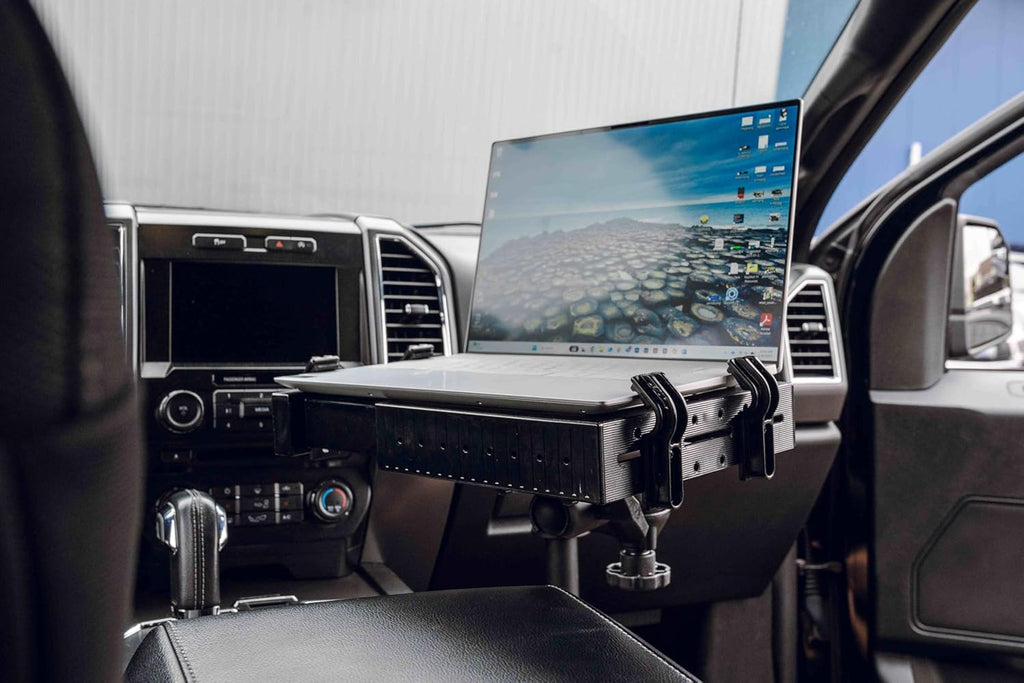 RAM MOUNTS No-Drill Laptop Mount for 2015–2026 Ford F-150 & 2017–2026 F-250–F-550, Seat Bolt Vehicle Mount with Dual Swing Arm, Adjustable Tele-Pole and Tough-Tray for 10'-16' Laptops RAM-VB-195-SW1