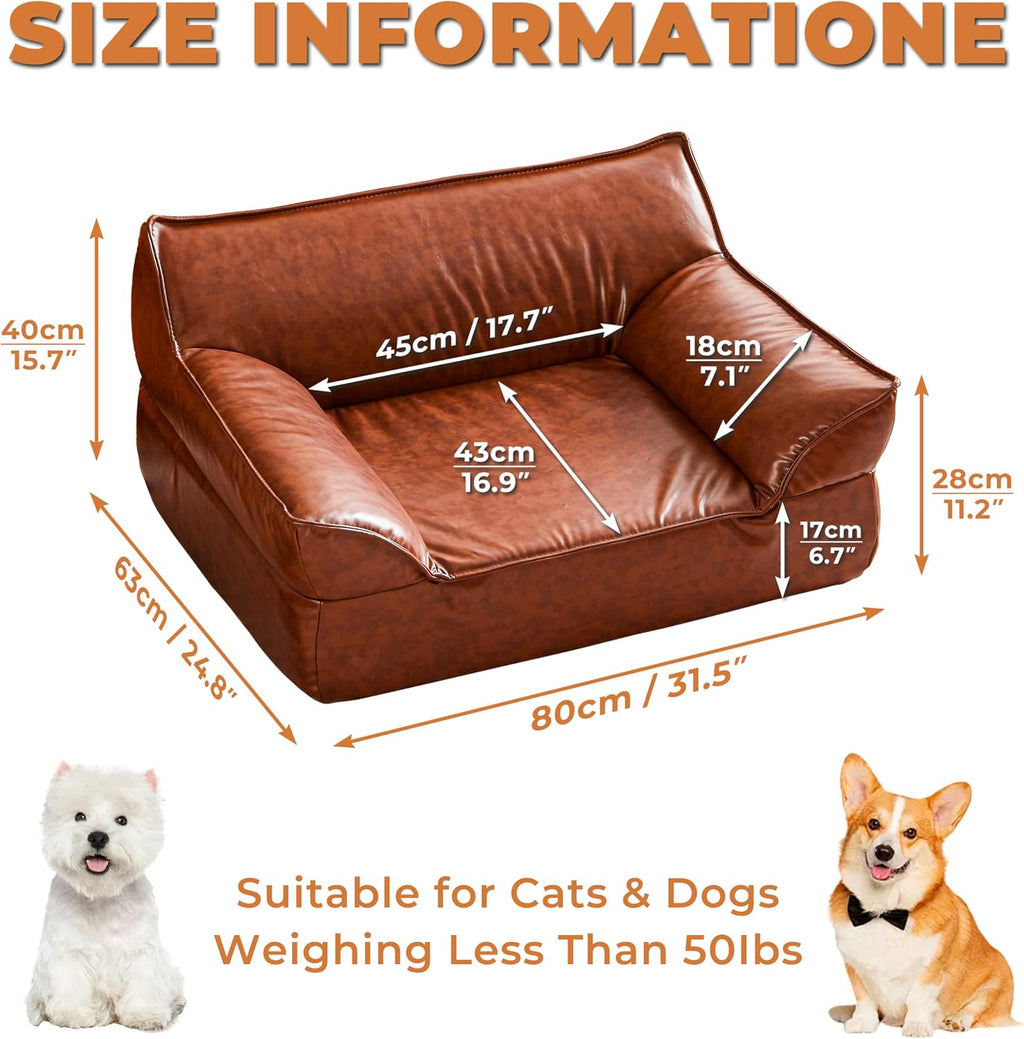 Leather Dog Bed Couch for Small and Medium Dogs Under 50 lbs, Brown Mid Century Modern Elevated Cat Sofa Chair Luxurious Indoor Furniture Style Pet Supplies for Puppy