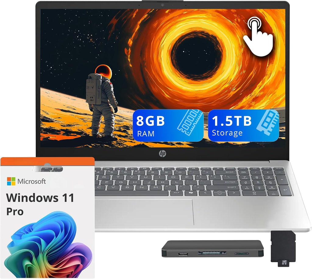 HP 15.6' FHD Touchscreen Laptop, AMD Ryzen 5 7520U, 8GB LPDDR5, 1.5TB Storage (512GB SSD+1TB Docking Station Set), AMD Radeon Graphics, Full-Size Keyboard, Copilot, Wi-Fi 6, Windows 11 Pro, Silver