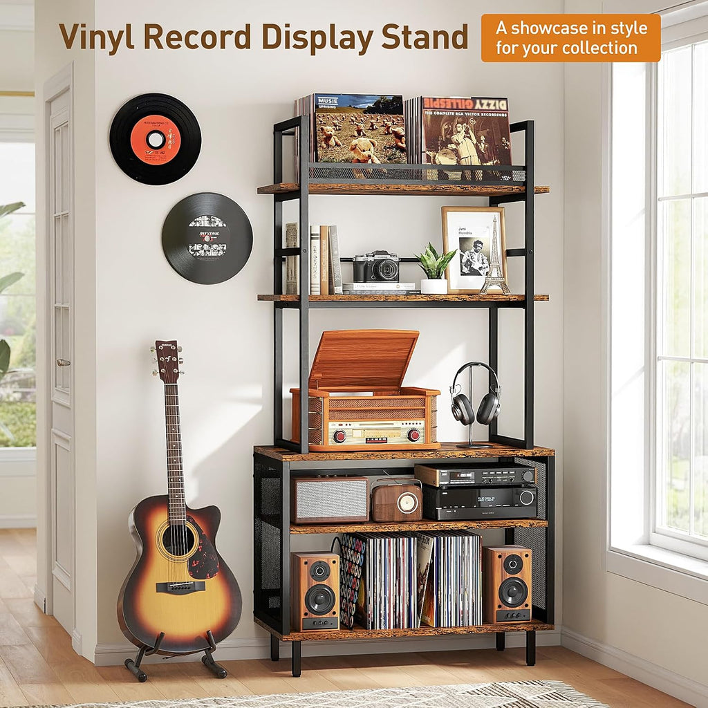 ikkle Record Player Stand with Vinyl Storage Shelf, 5-Tier Large Record Player Table with Storage Rack, Turntable Stand Vinyl Record Cabinet Organizer for Living Room Bedroom, Holds Up 400+ Albums