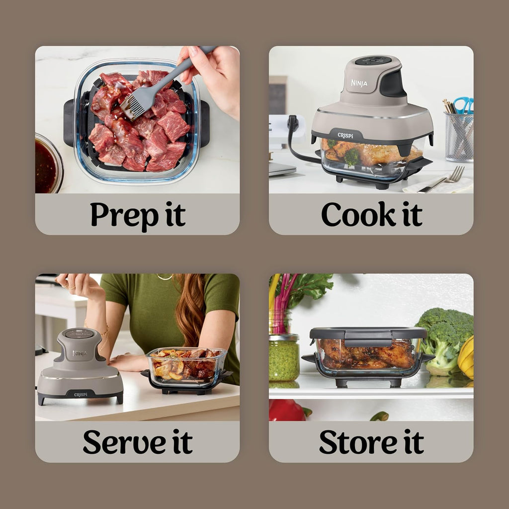 Ninja Crispi 4-in-1 Glass Air Fryer | With Non-Toxic 4QT & 6-Cup Glass Containers & Lids | Microwave, Freezer, Dishwasher Safe | 450°F Max Temp |1500 Watt | Stone | FN101ST