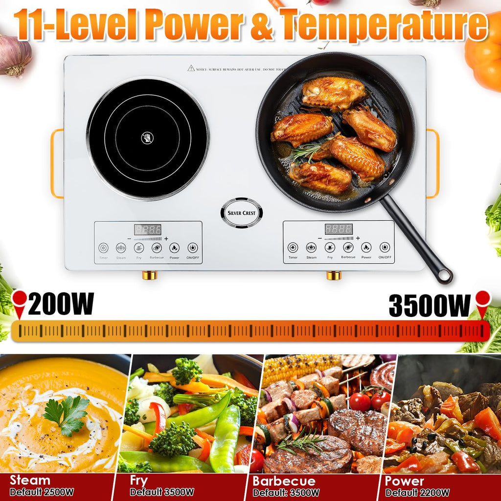 Electric Charcoal Burner Stove, 500W Single Coil Hot Plate Starter with Grill Tongs, 5-Level Temp, Smart Heat Control & Stainless Steel Fast Heating for Cooking top Countertop (5543White-Double)