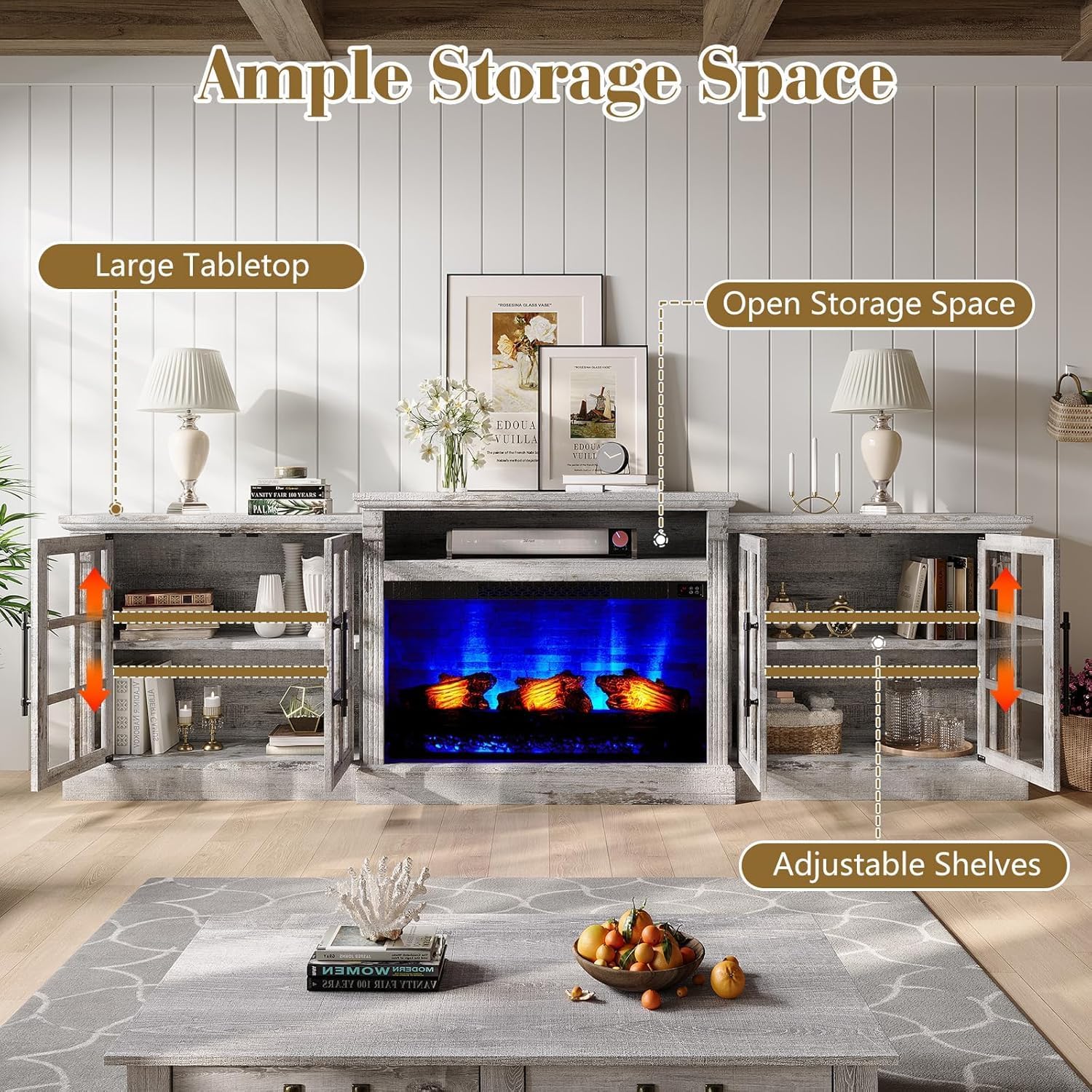 LUXOAK 97' Farmhouse TV Stand with 33' Fireplace for TVs up to 100', Media Entertainment Center with Large Storage Cabinet and Adjustable Shelves for Living Room, Light Grey