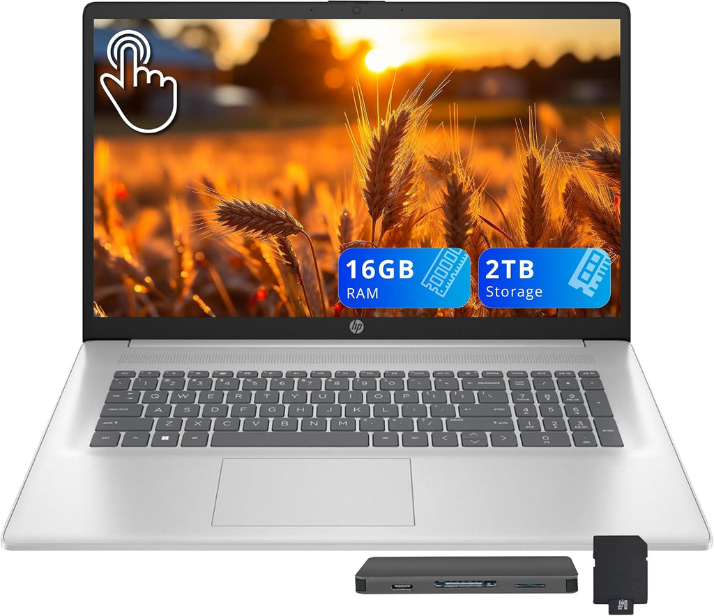 HP 17.3' HD+ Touchscreen Laptop, AMD Ryzen 5 7430U, 16GB RAM, 2TB Storage (1TB SSD+1TB Docking Station Set), AMD Radeon Graphics, Numeric Keypad, Wi-Fi 6, HD Webcam, Win 11, Silver